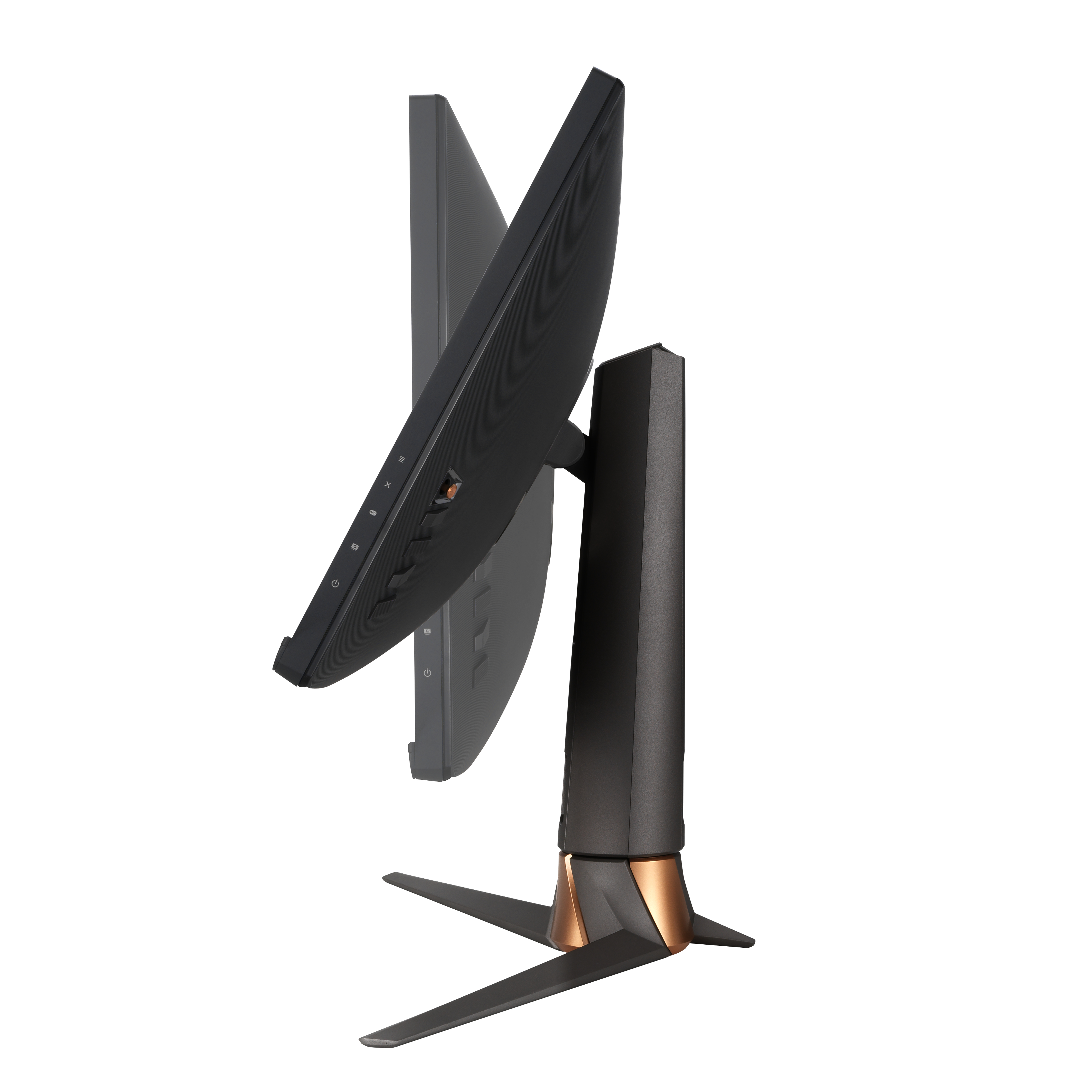 Un monitor di lato con un supporto. Il monitor è nero.