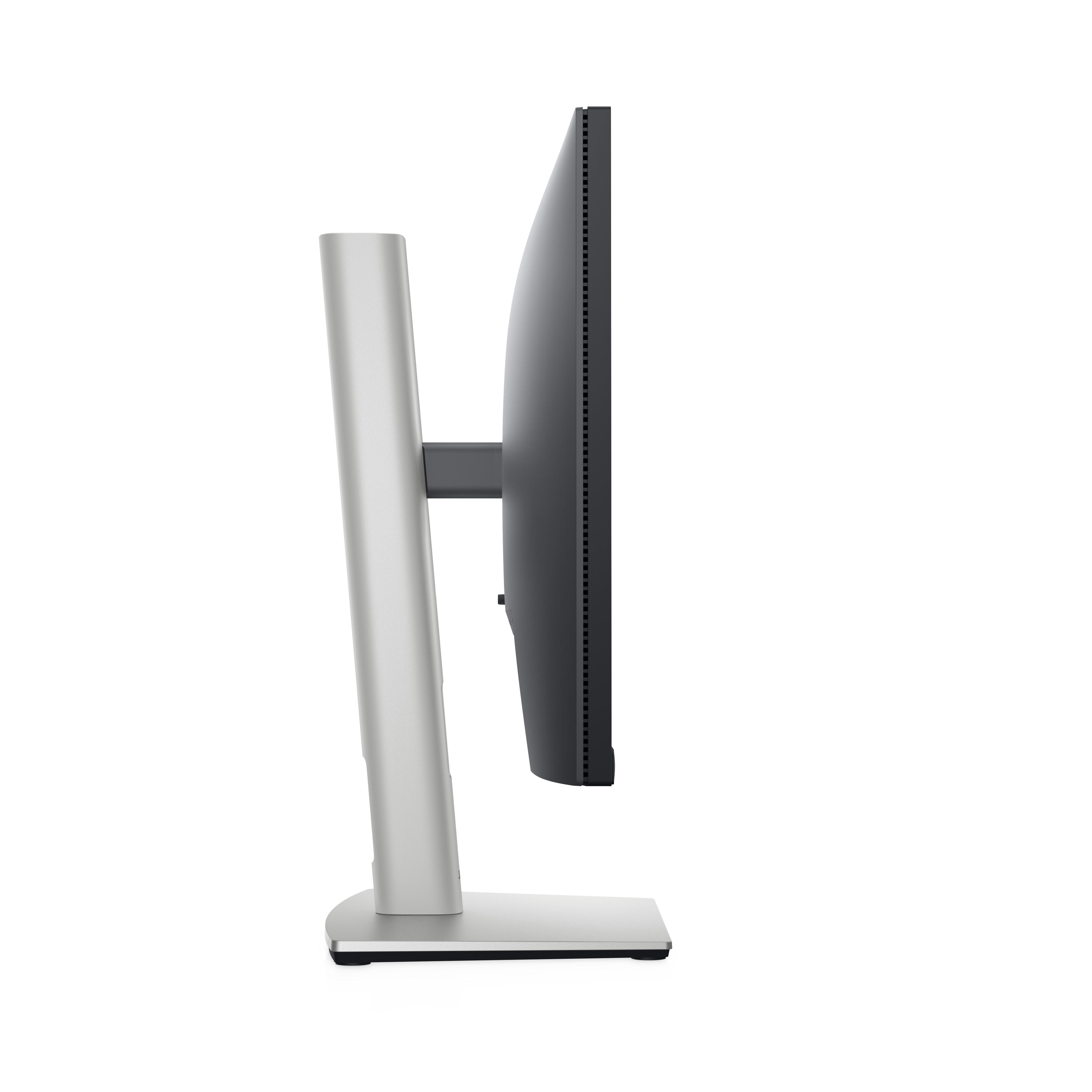 Vista lateral de un monitor, con un soporte plateado y una pantalla negra. La parte trasera es negra con una ventilación.