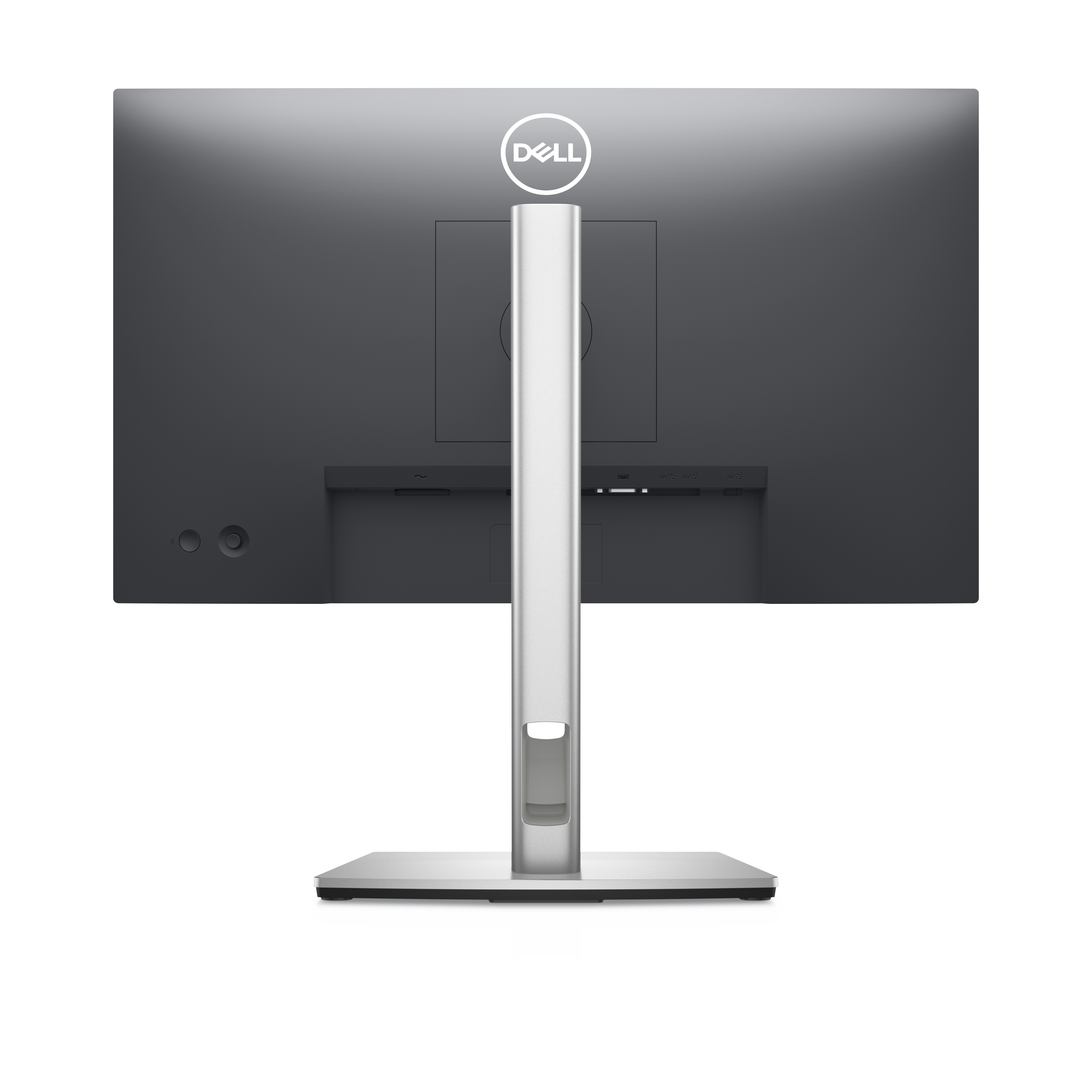 Vista posterior de un monitor de computadora con el logotipo de Dell y soporte.