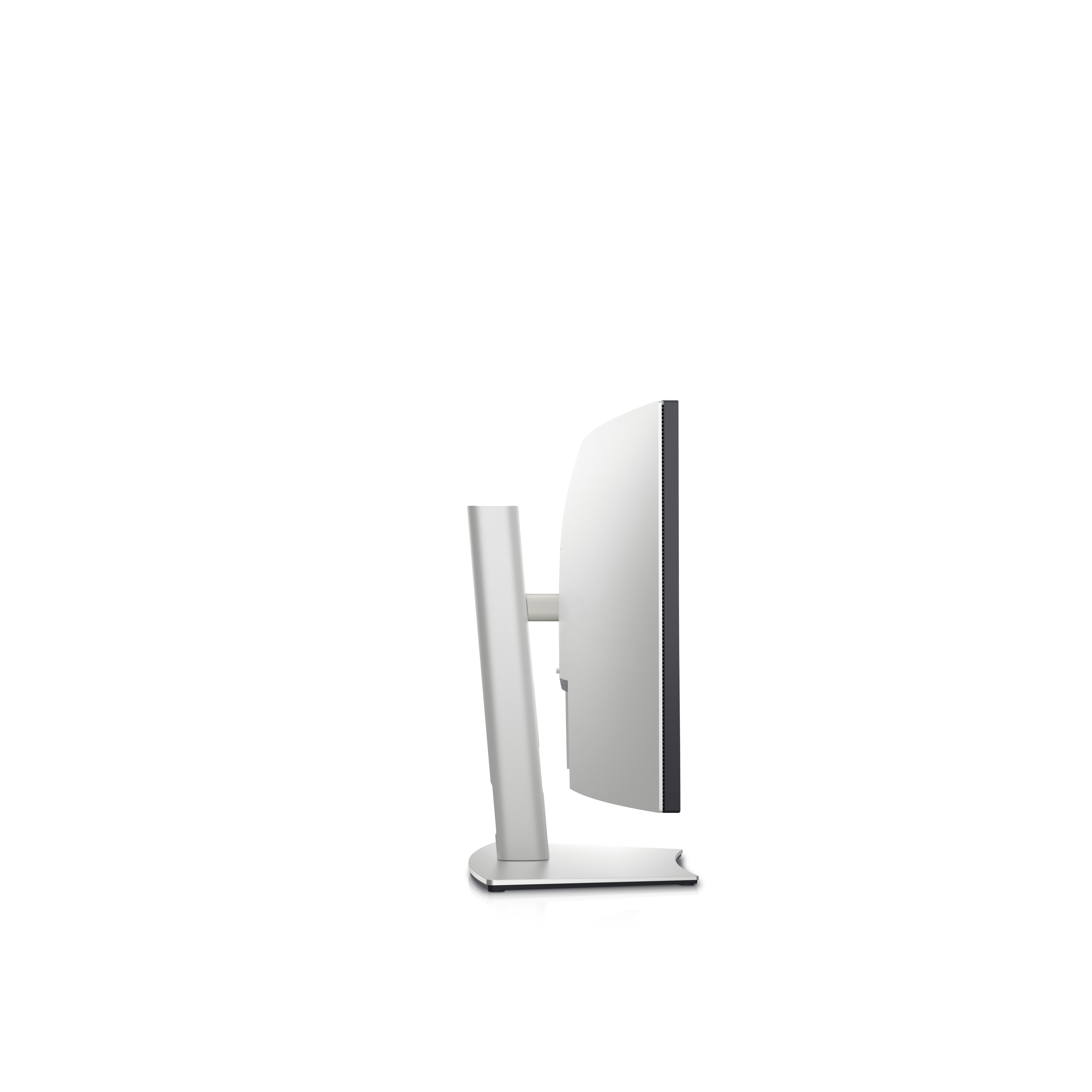 Een computermonitor van opzij. Een zilveren standaard, een zwart scherm en een gebogen ontwerp.