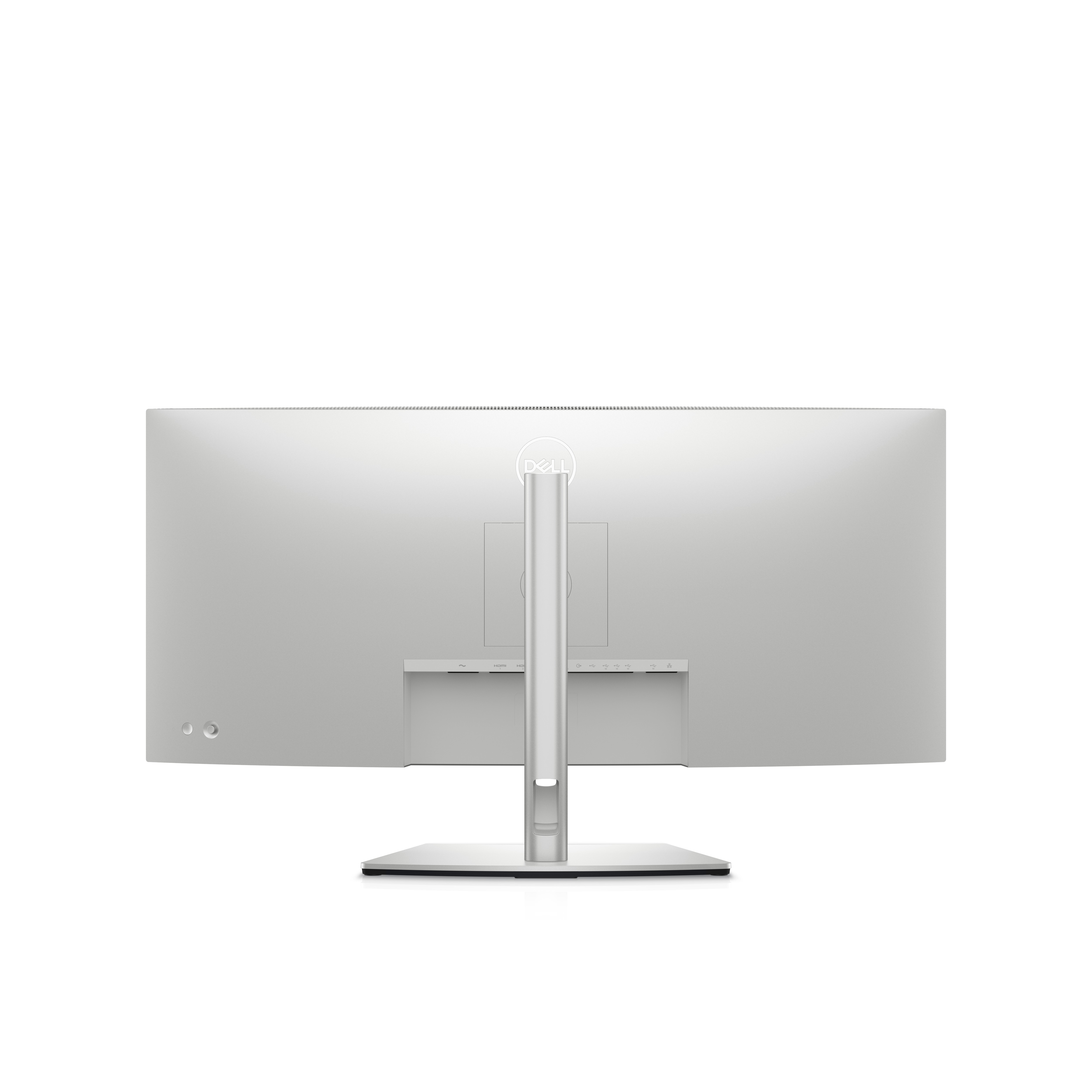 Tył zakrzywionego monitora Dell. Ma srebrną podstawę i logo Dell u góry.