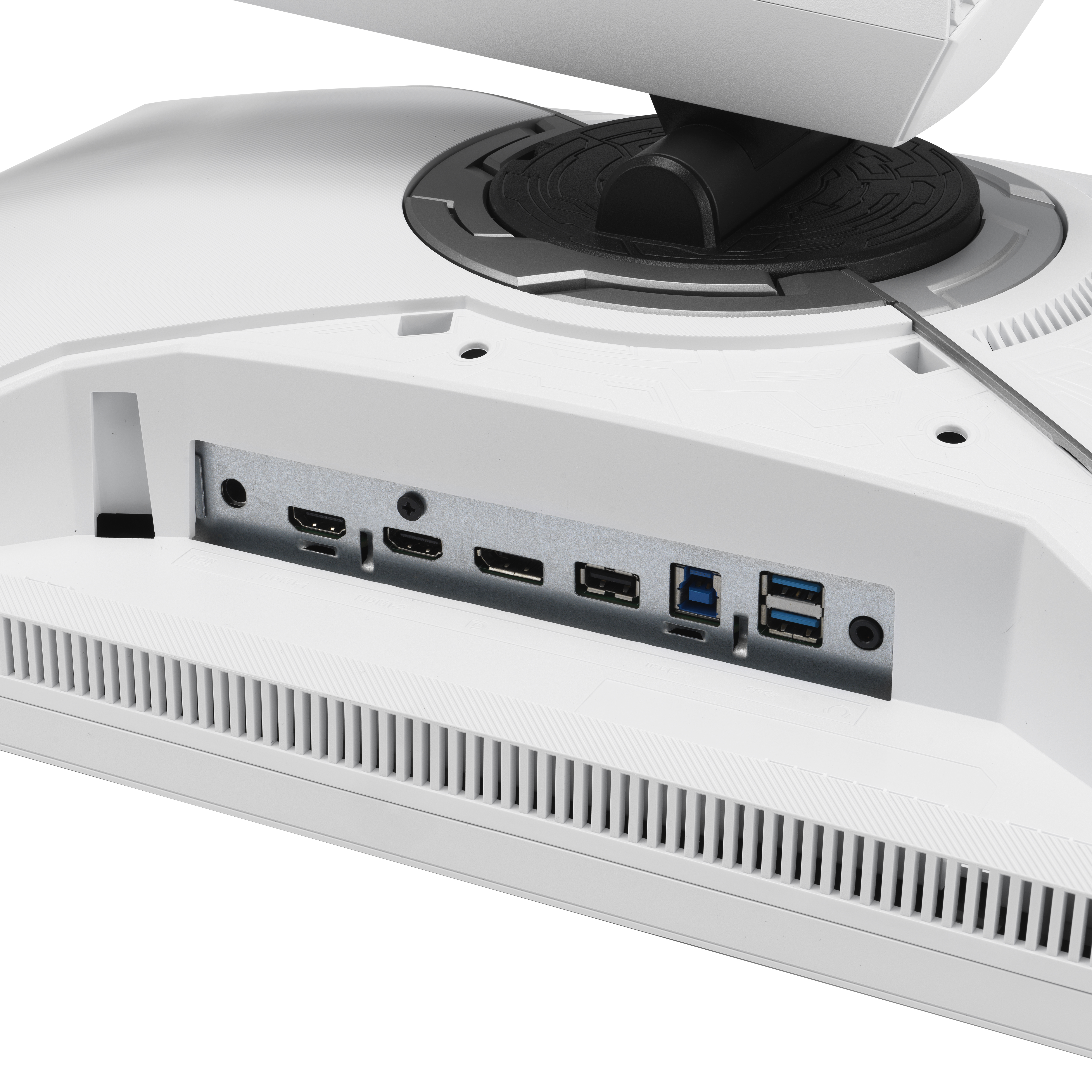 Tył białego monitora z portami. Zawiera HDMI, USB 3.0 i inne połączenia.