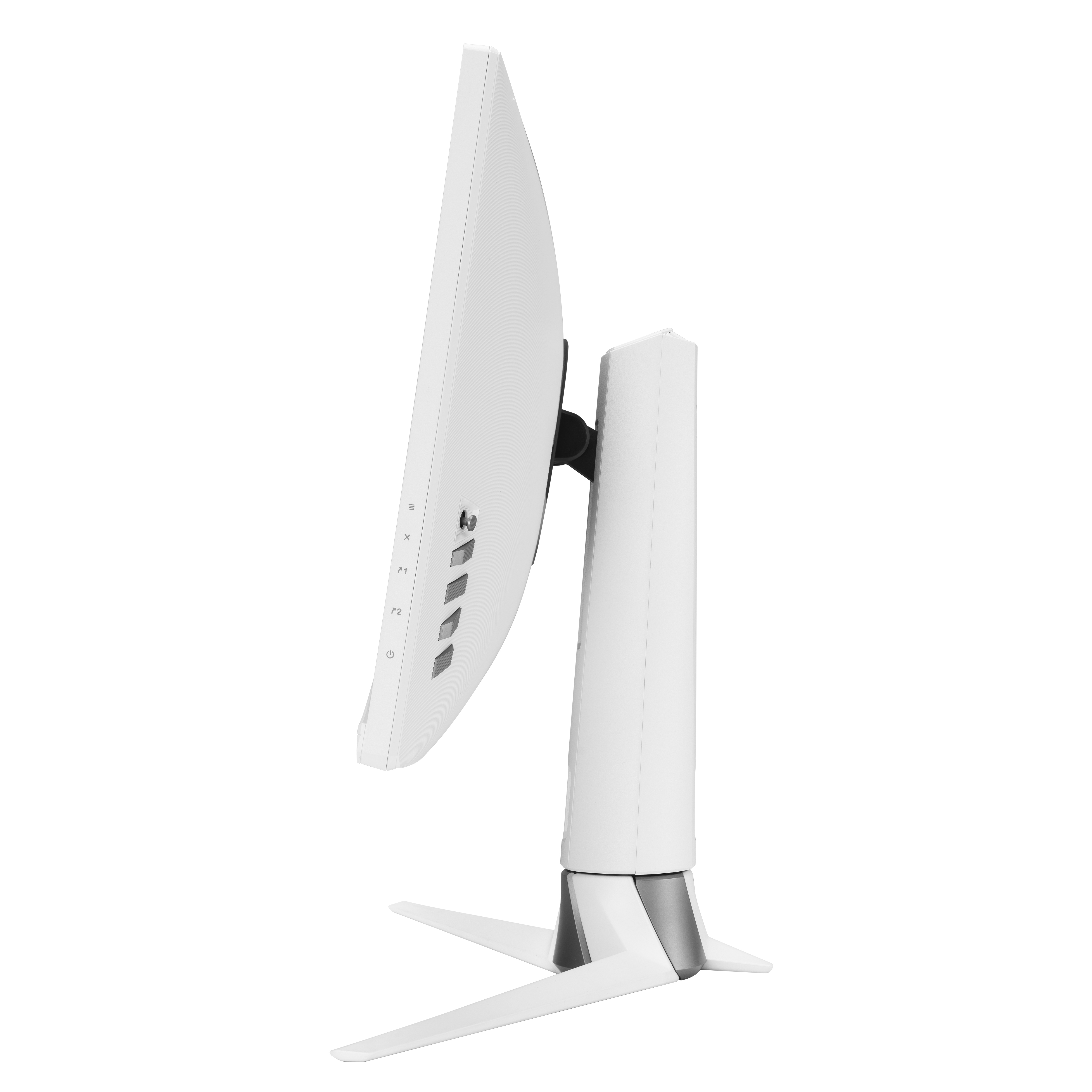 Widok z boku białego monitora komputera, pokazujący ekran i podstawę. Ma kilka portów z boku.