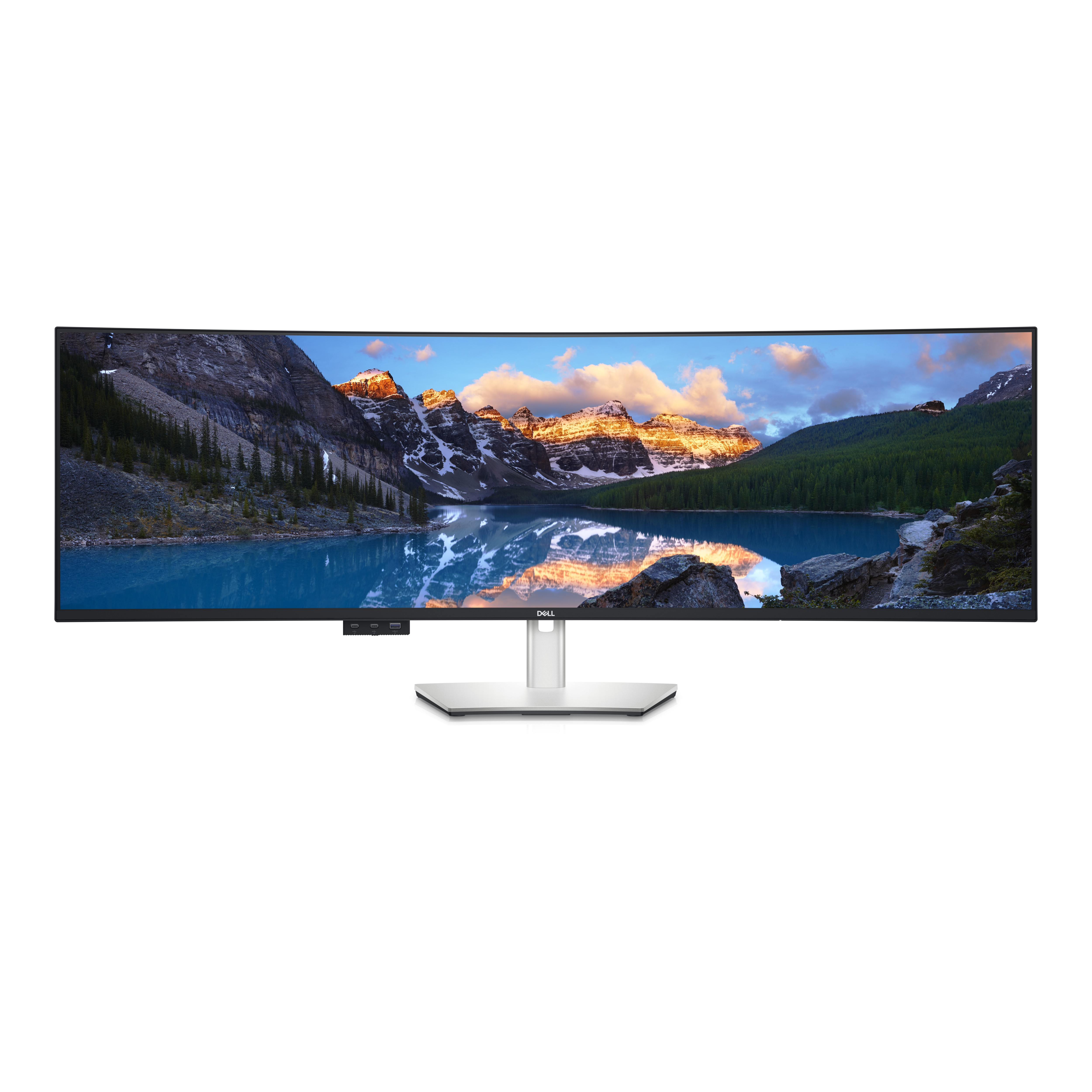 Un monitor ancho con una escena de montaña y lago. El monitor tiene un soporte plateado.