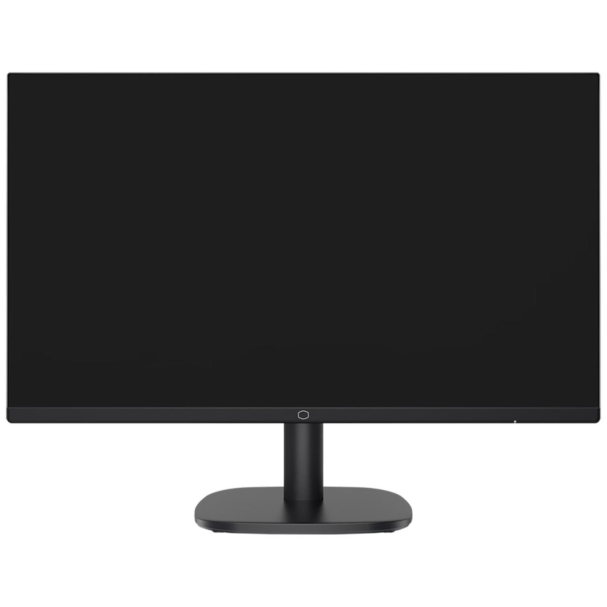Un monitor negro con base negra y marco negro, la pantalla es negra.
