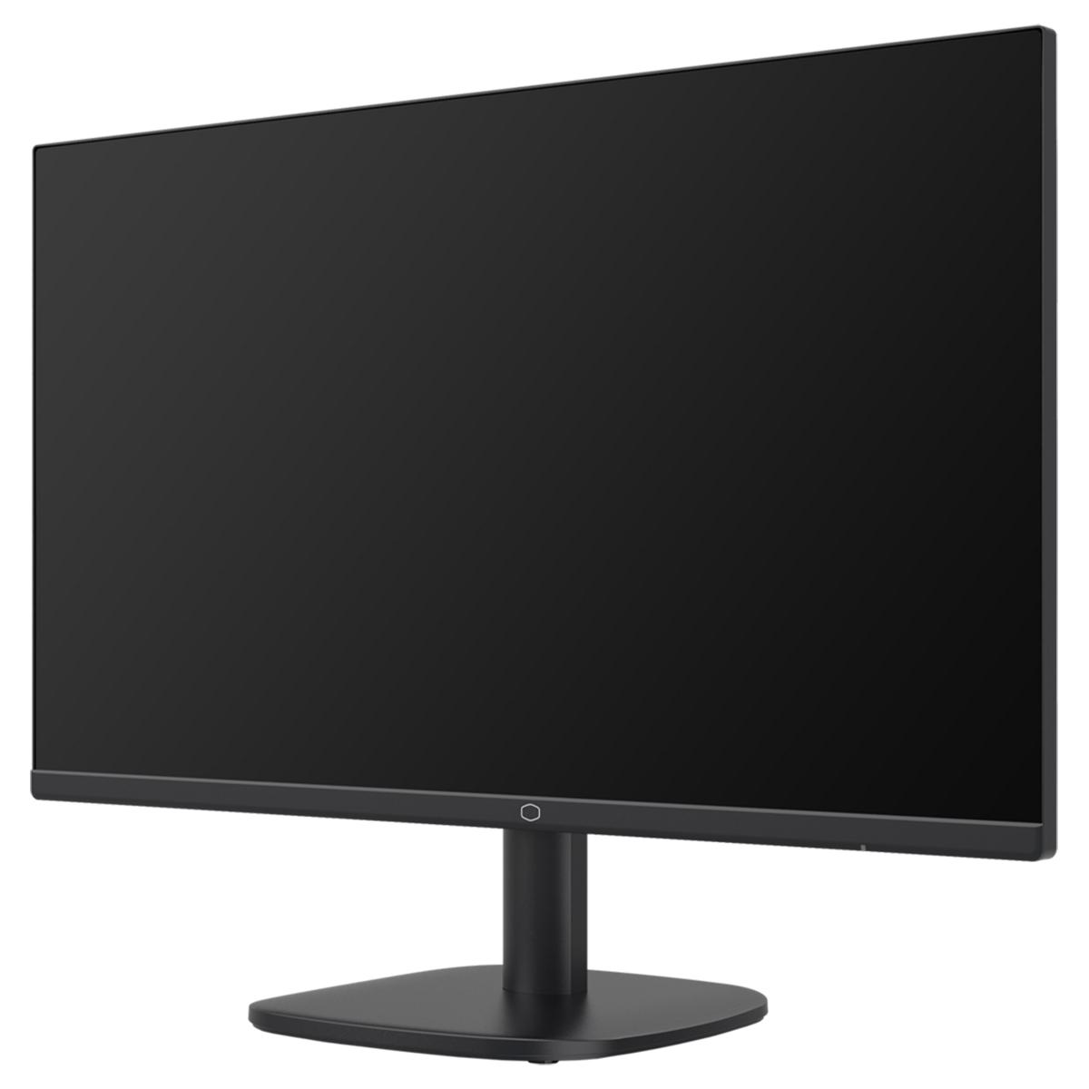 Un monitor de computadora negro sobre un soporte negro, aislado sobre fondo blanco.