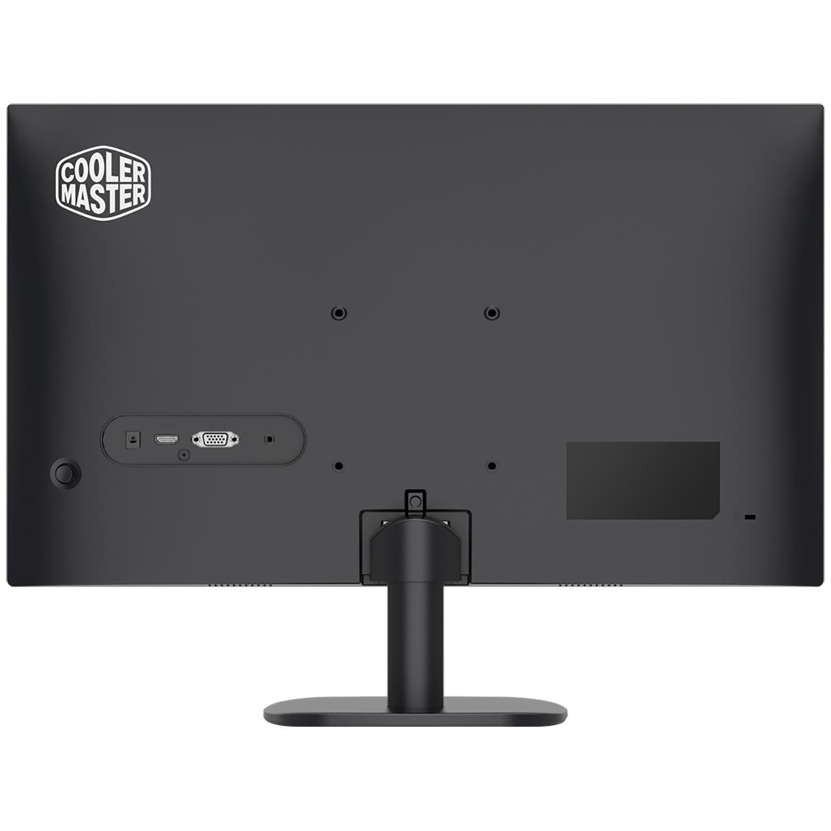 Vista trasera de un monitor Cooler Master negro con puertos y un soporte.