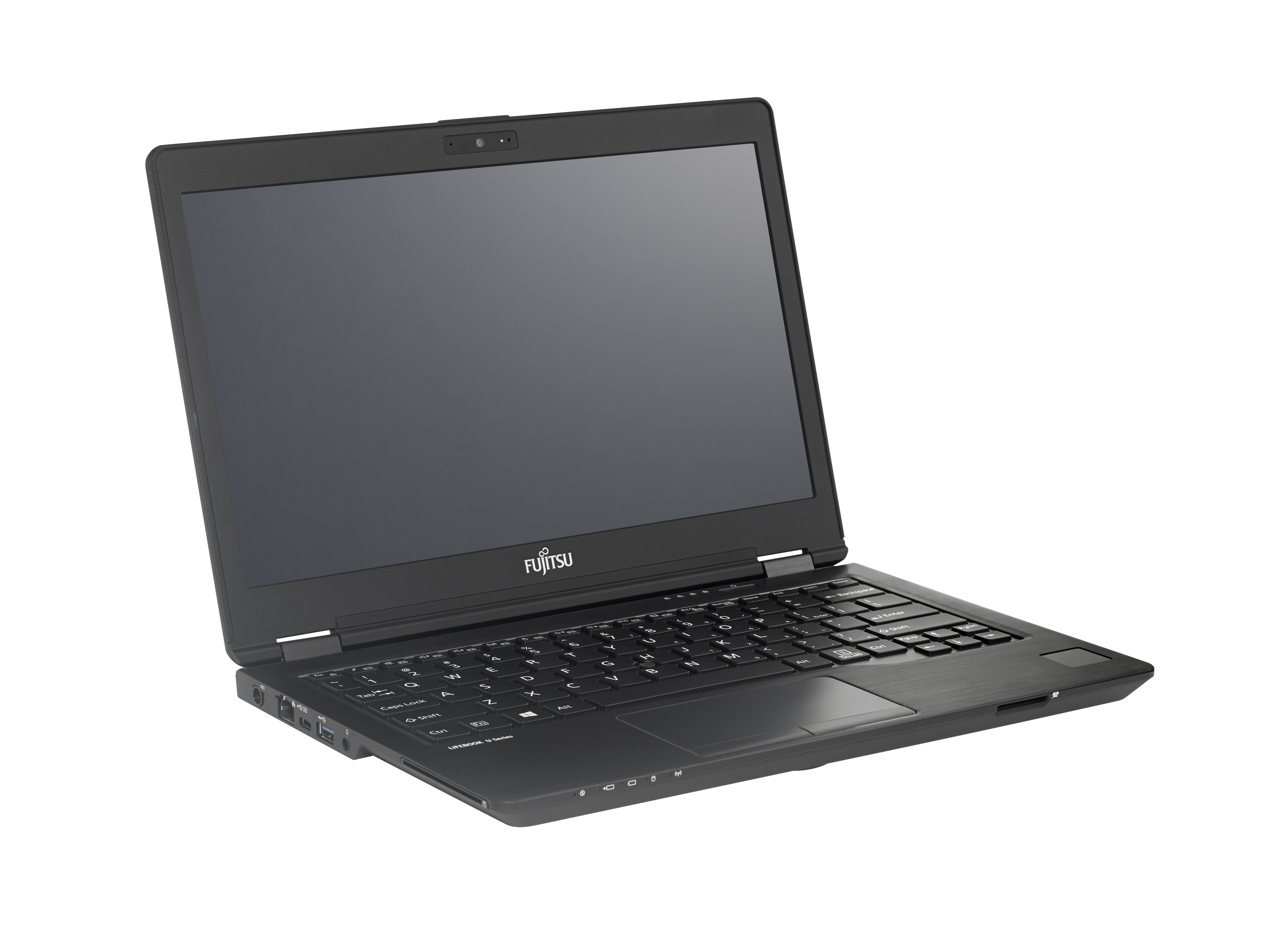 A black laptop open, on a white surface. It has a camera at the top of the screen.