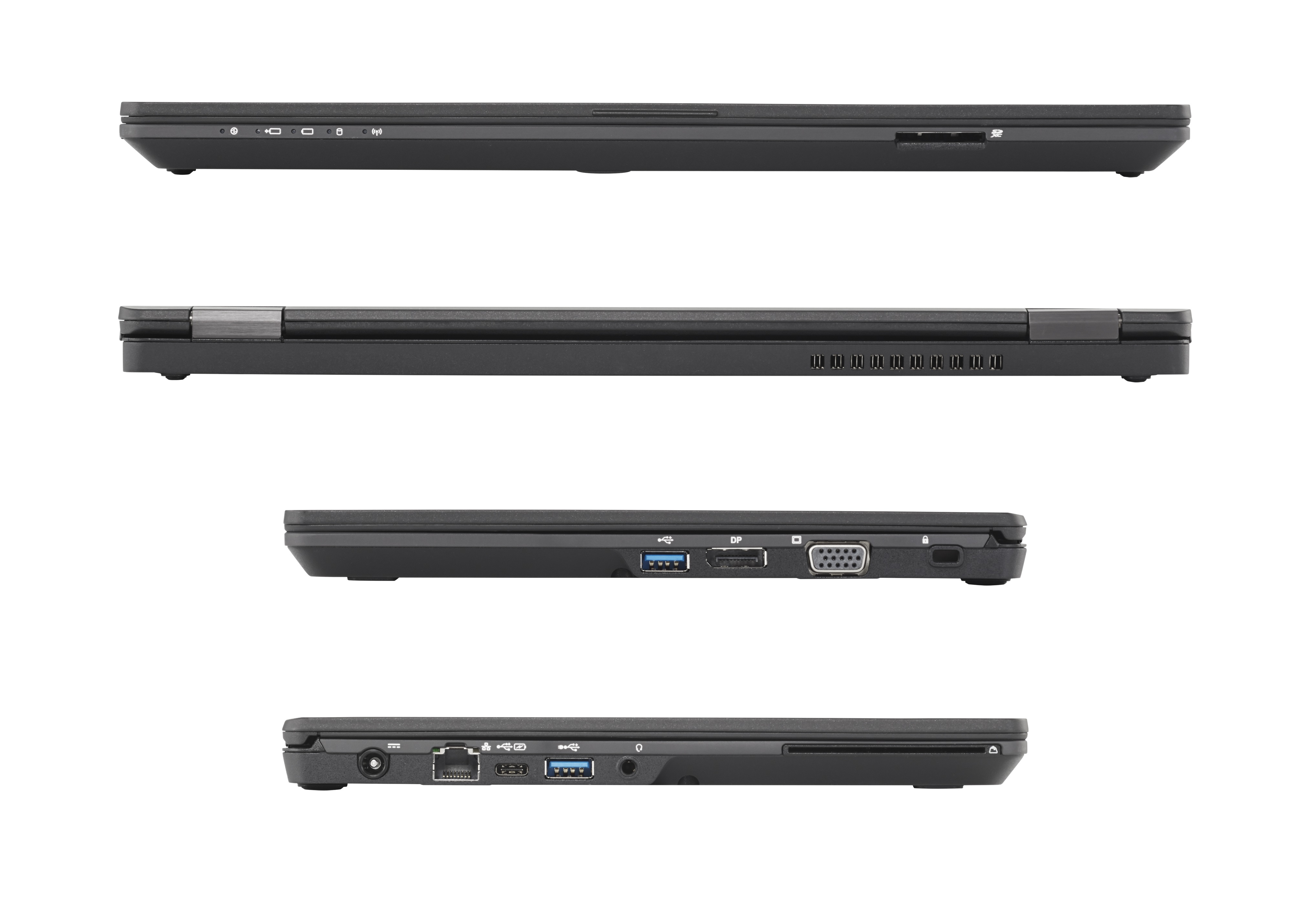 Four views of a black laptop, showing sides with ports and openings, white background.