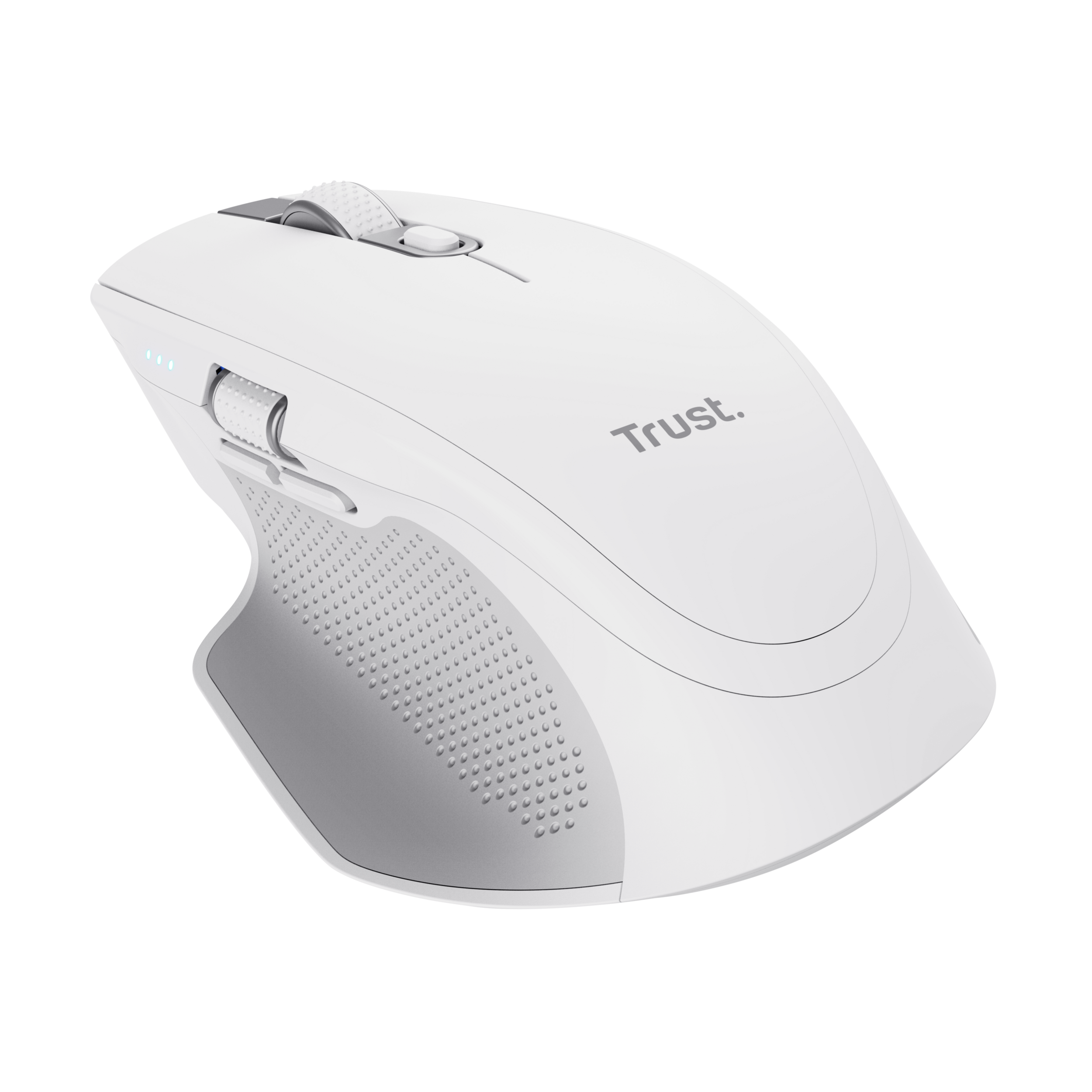 White Trust wireless mouse with silver accents, showing top and side details.