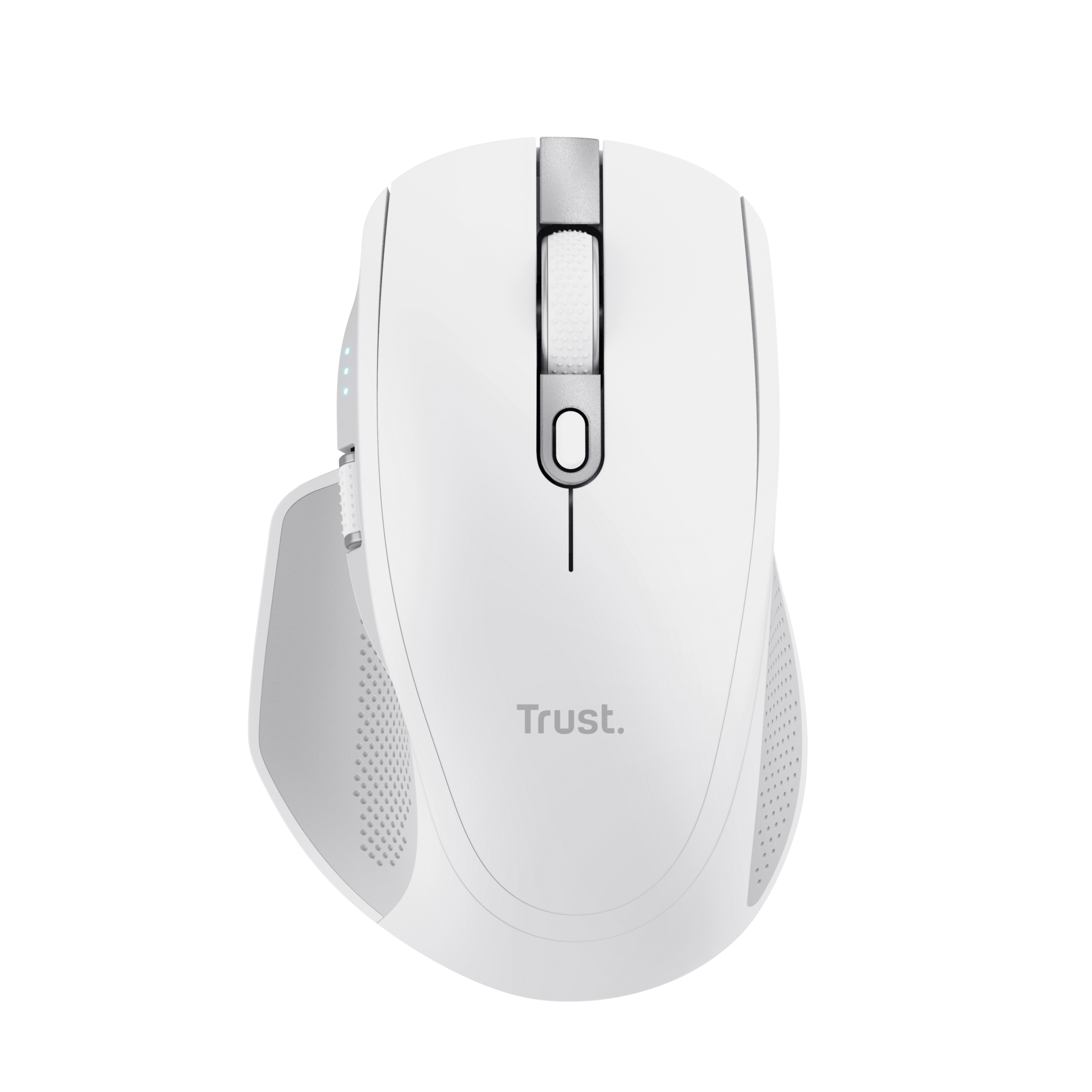 Top view of a white Trust wireless mouse with a scroll wheel and gray accents, on black.