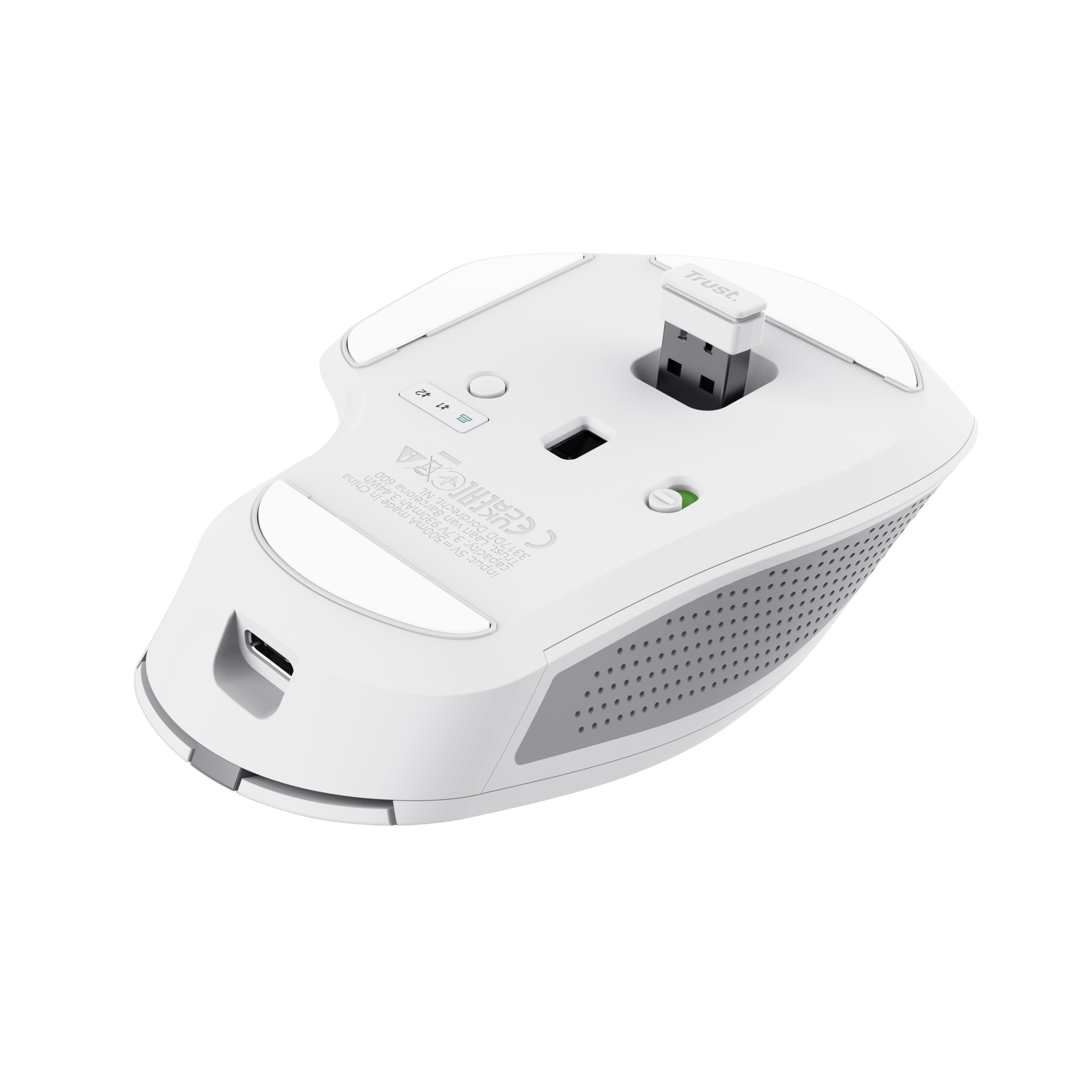 The underside of a white wireless mouse with a USB receiver plugged in. It shows the charging port.