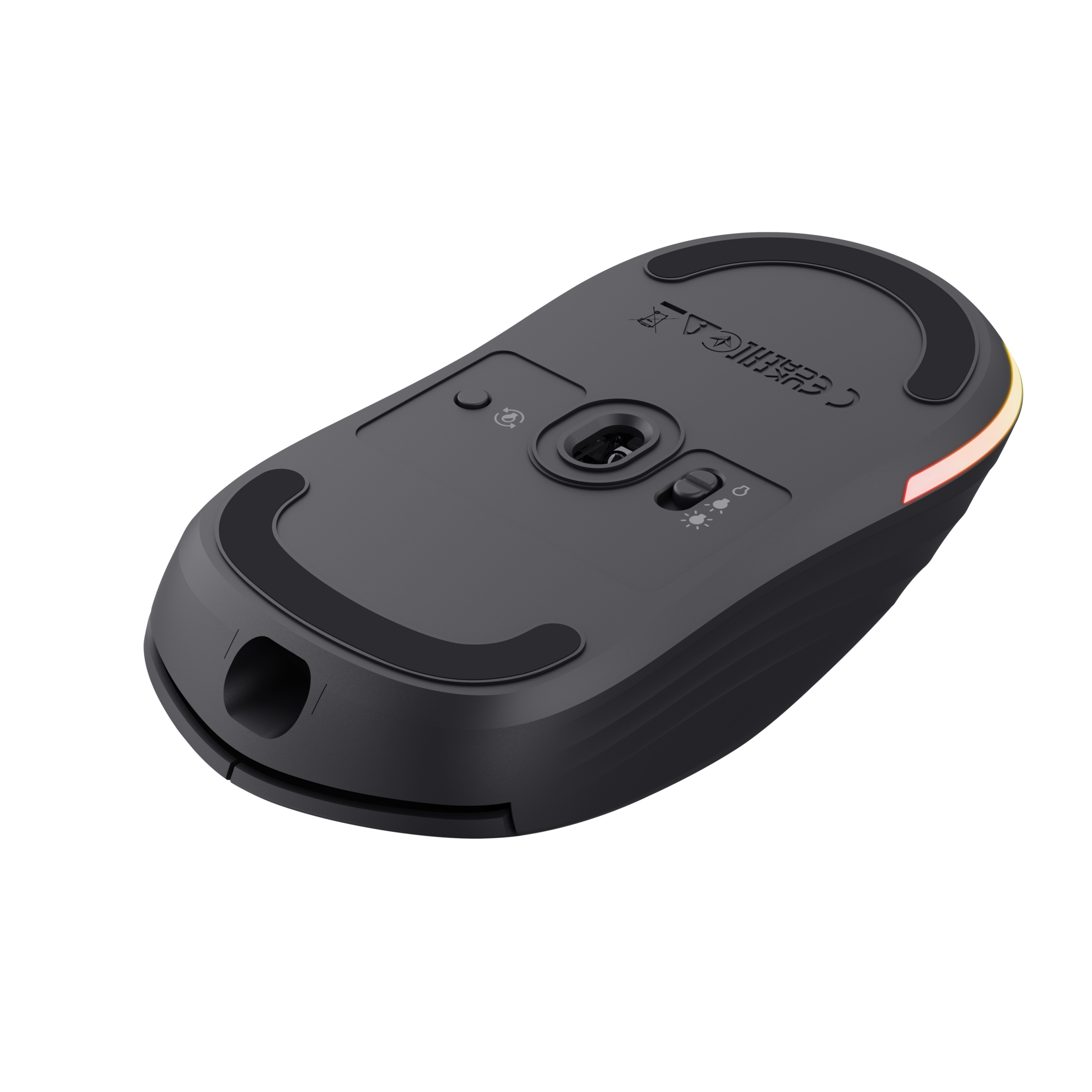 Czarna mysz, widok od spodu. Przyciski, kółko przewijania i światła. Czarne tło.