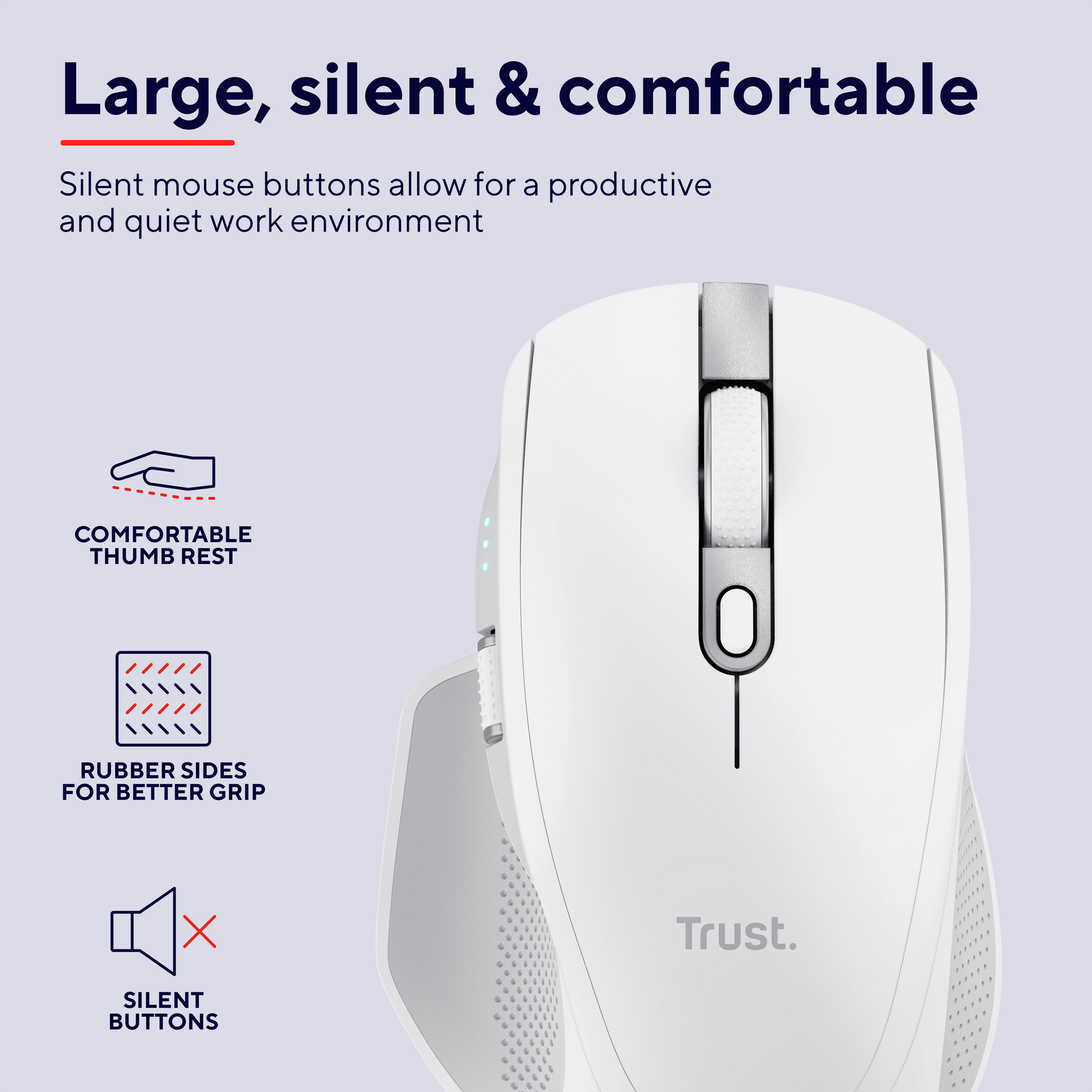 White Trust mouse, with silent buttons, thumb rest, and rubber sides, on white.