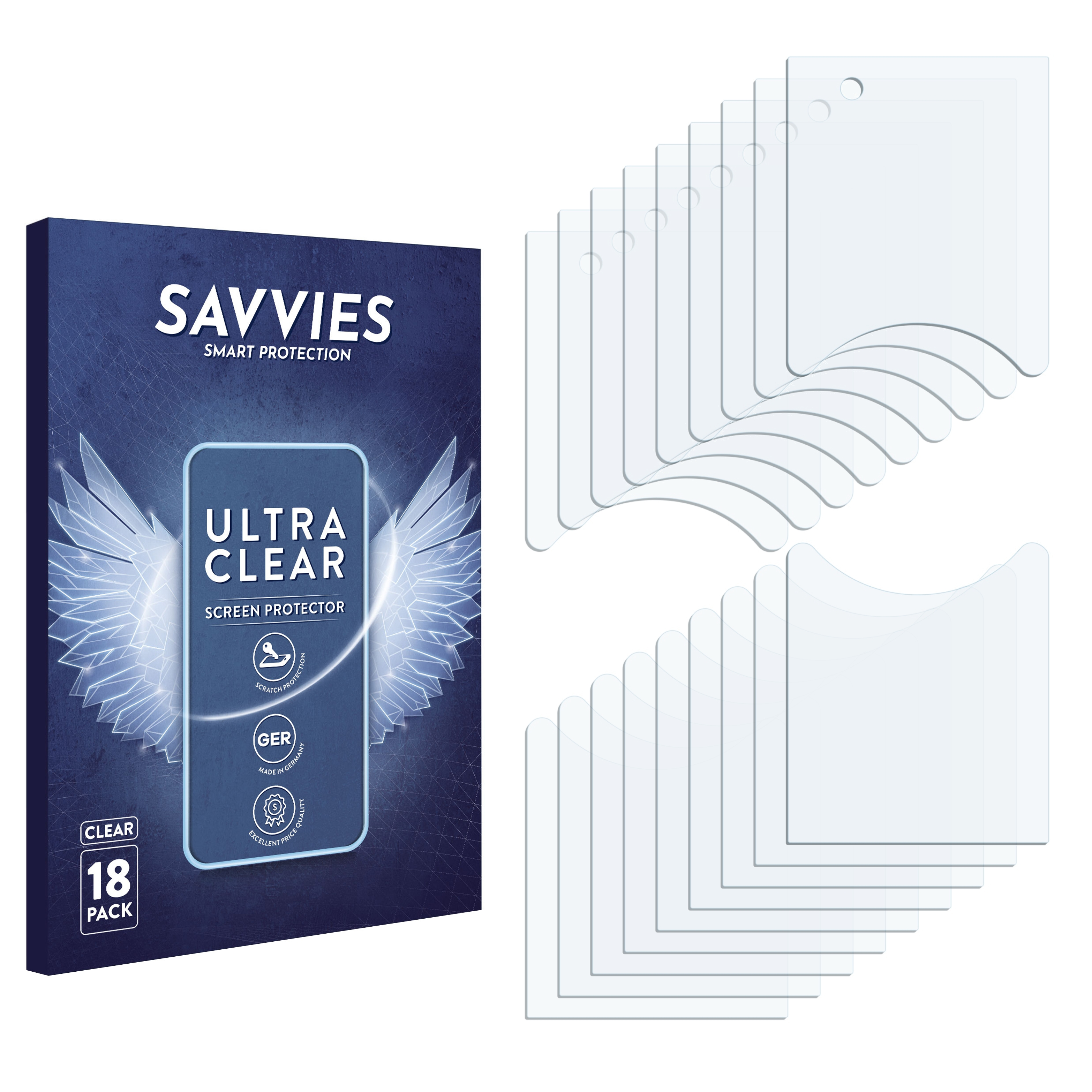 Schachtel mit 18 klaren Displayschutzfolien, mit einer Grafik eines Telefons und Flügeln.