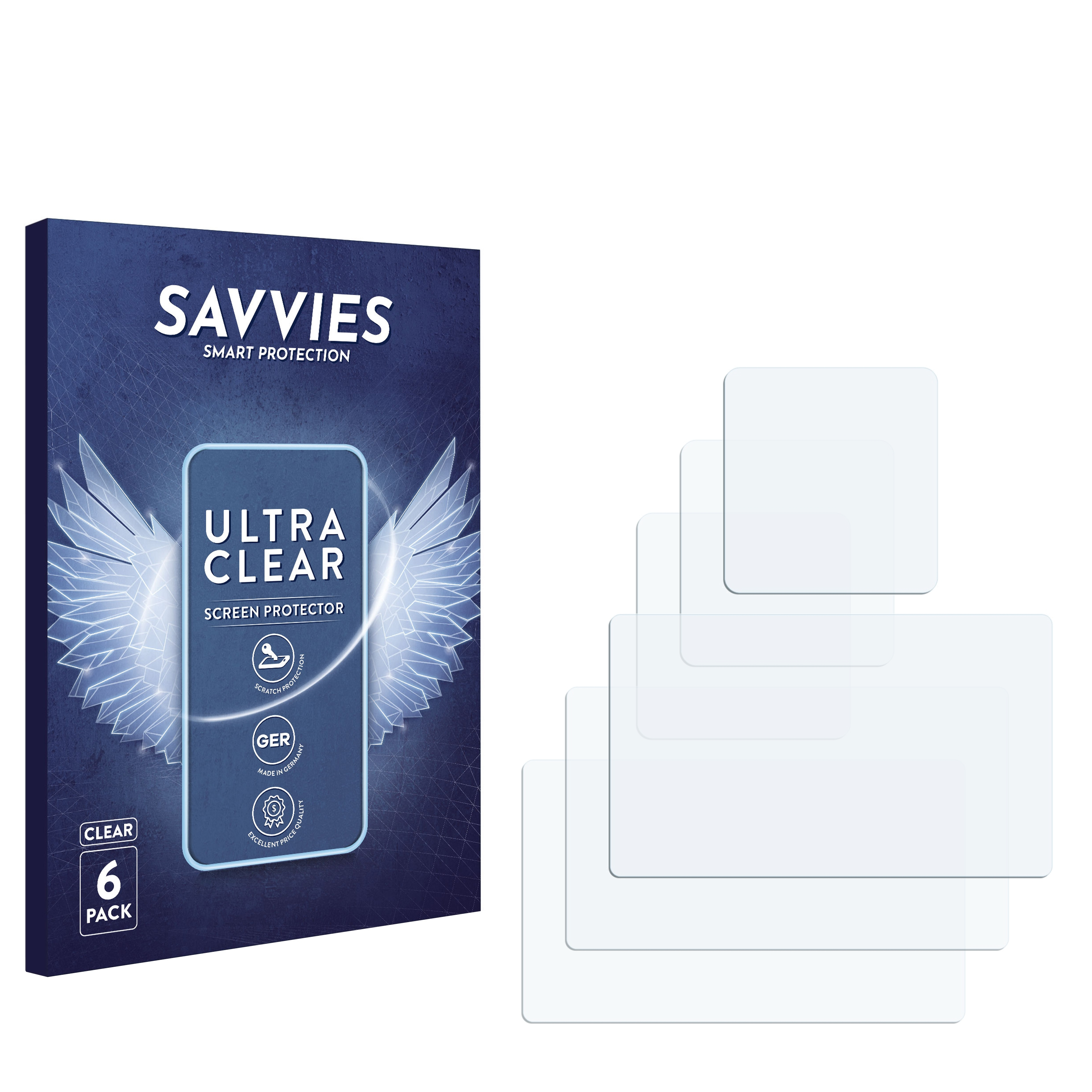 Displayschutzfolienbox mit Logo und sechs klaren Displayschutzfolien auf der Seite.