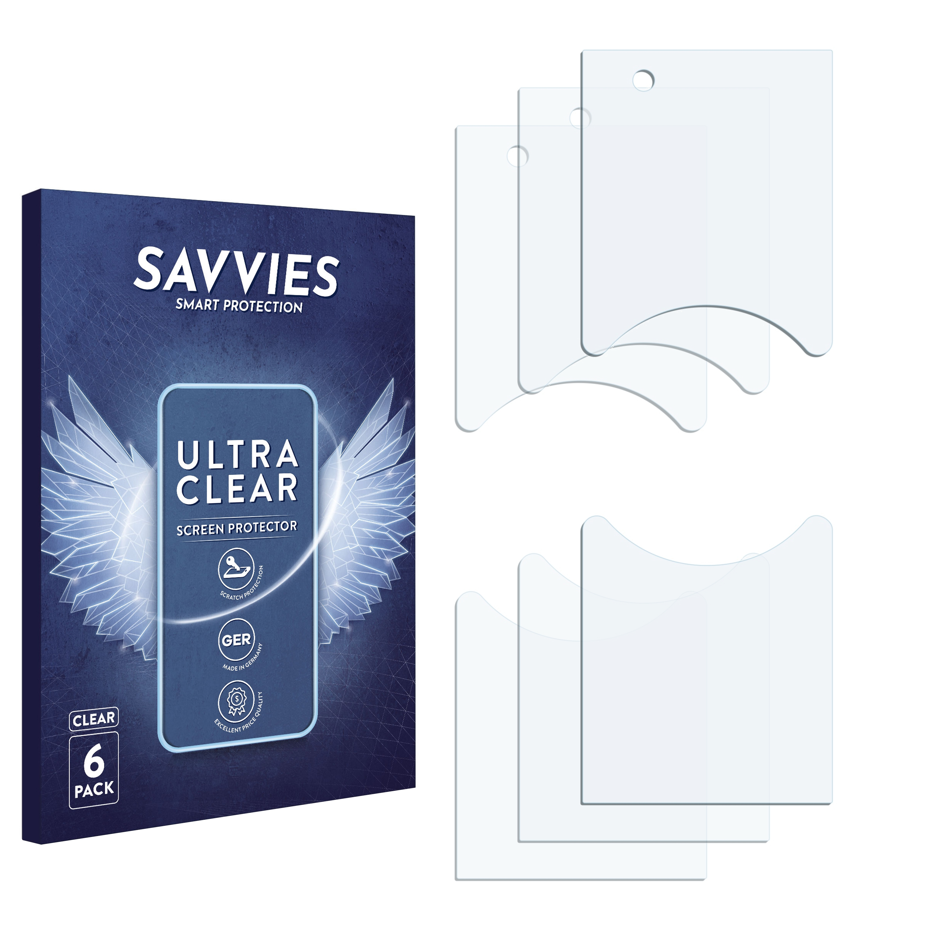 Eine Schachtel mit Displayschutzfolien und sechs klaren Displayschutzfolien. Die Schachtel hat eine Telefonillustration und den Text 'ULTRA CLEAR'.