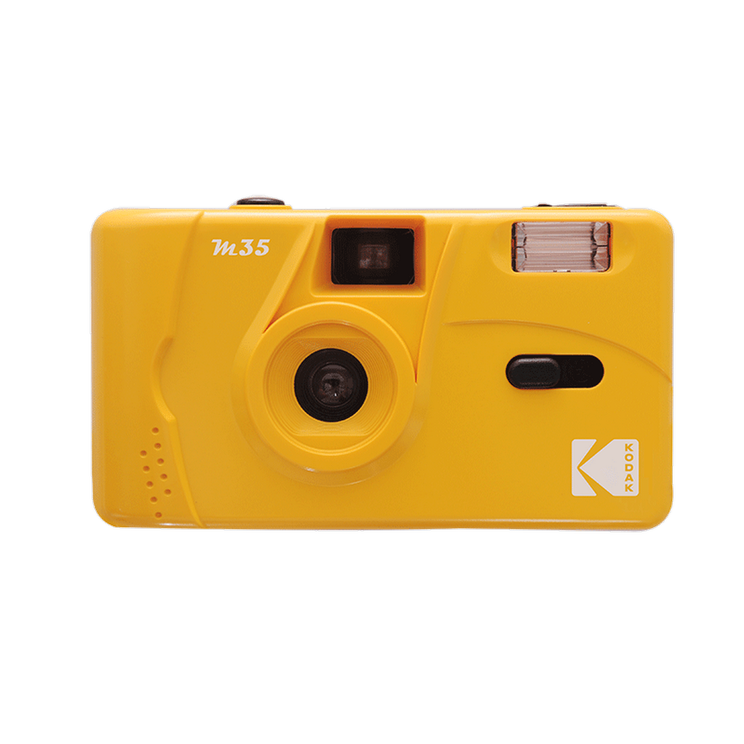 Gelbe Kodak M35 Kamera, schwarze Linse und Knopf, Kodak-Logo rechts.