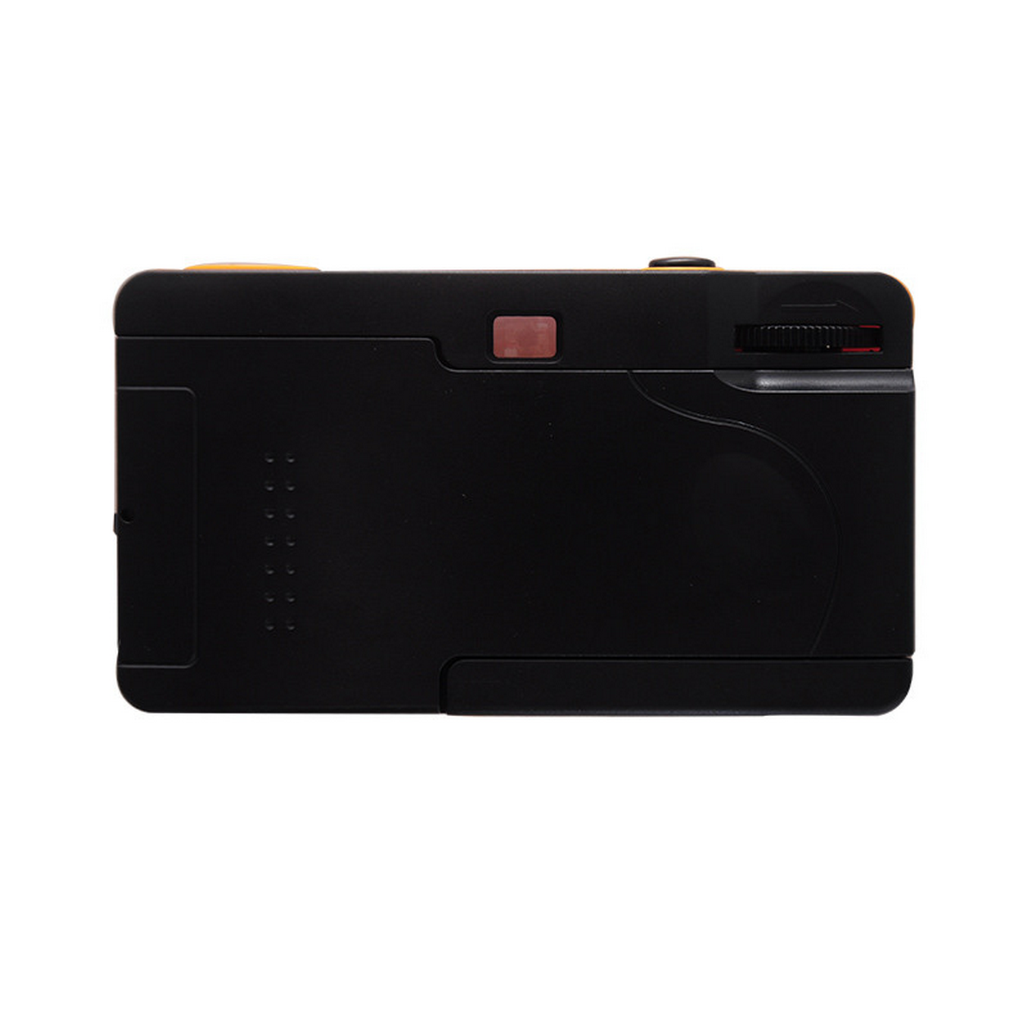 Schwarze Vintage-Kamera auf weißem Hintergrund. Die Kamera hat einen gelben Akzent.