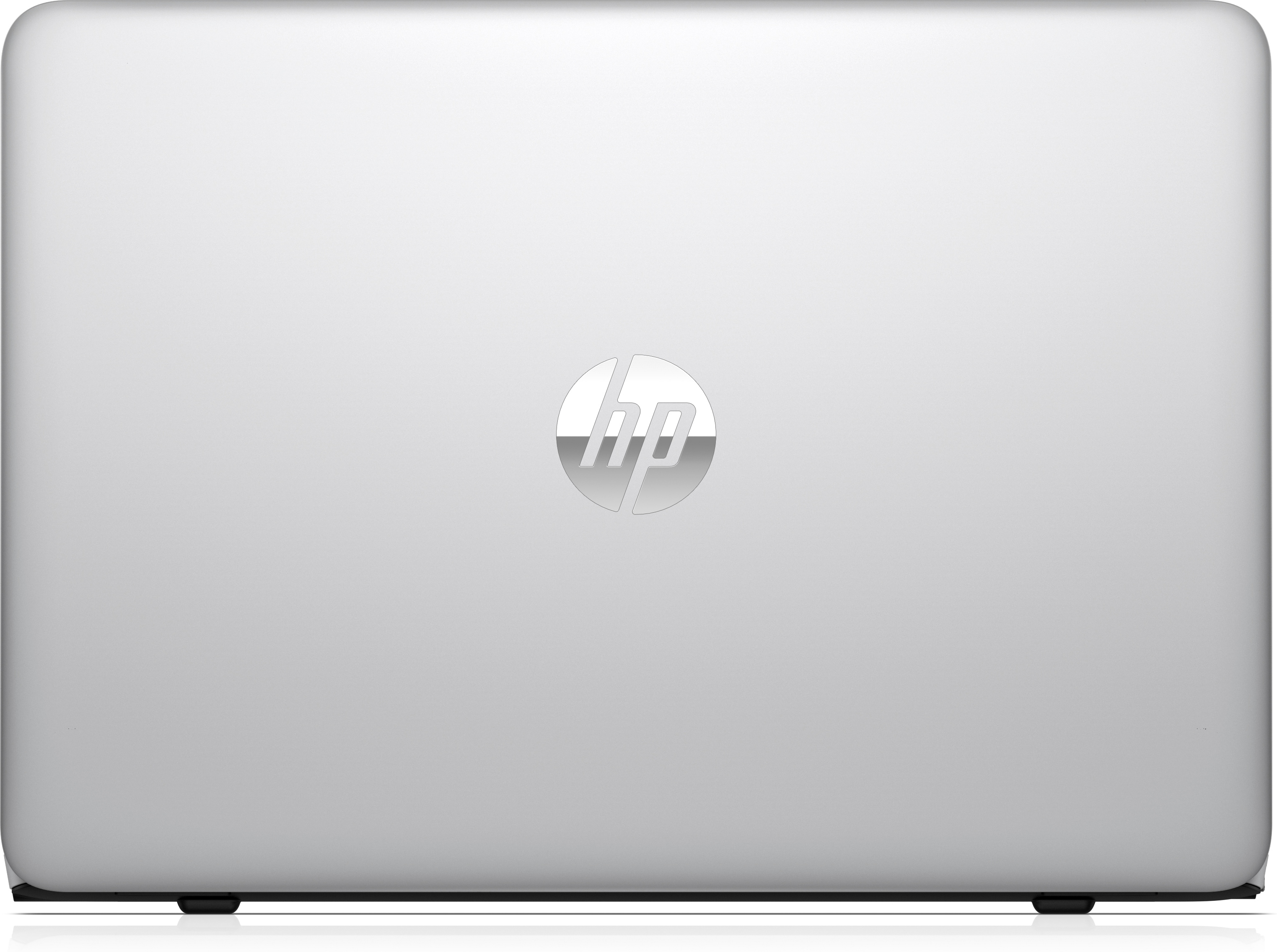 Silberner Laptop, Draufsicht, mit sichtbarem HP-Logo.