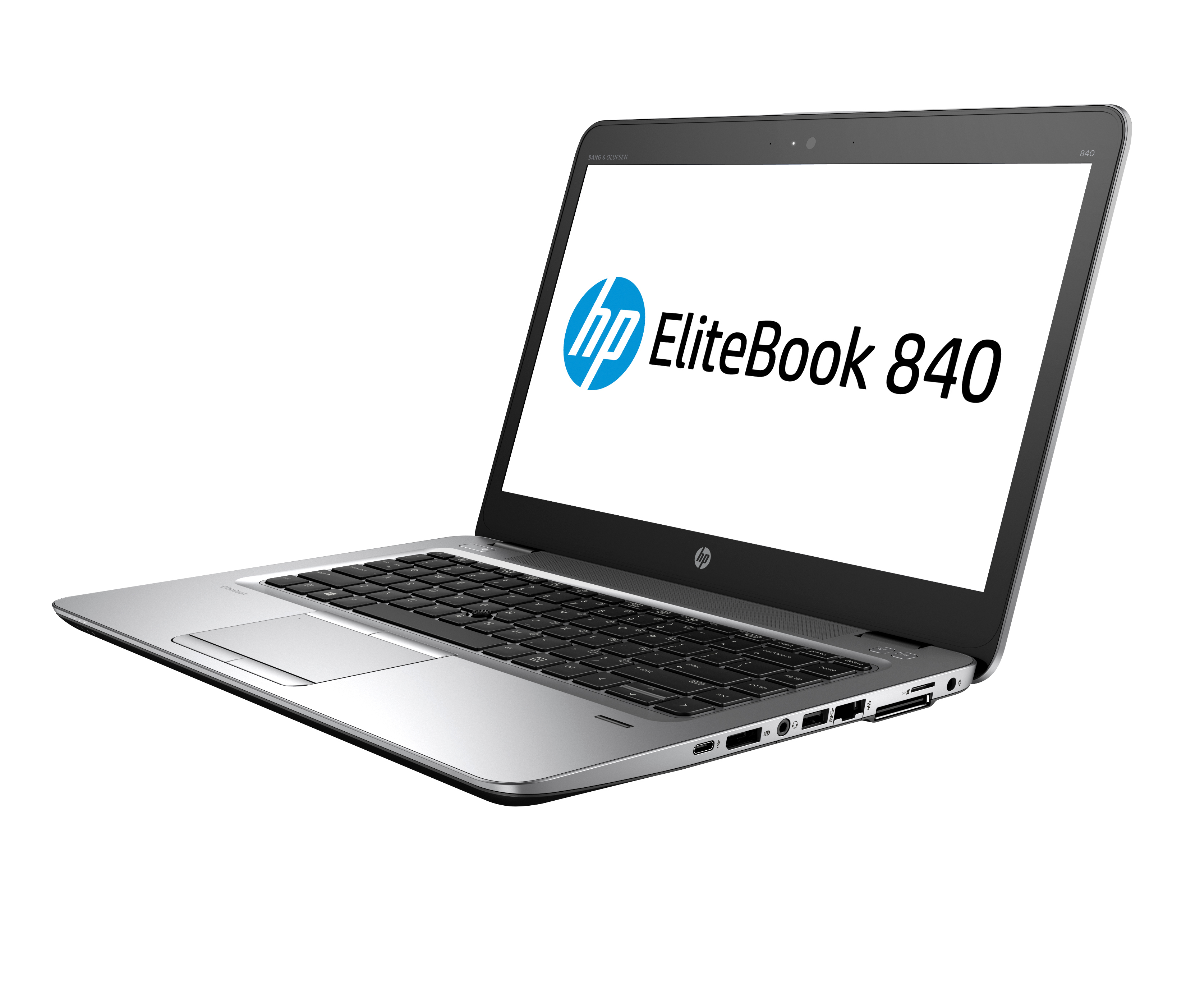Silberner Laptop mit HP EliteBook 840 auf dem Bildschirm. Der Bildschirm ist hell, weißer Hintergrund.
