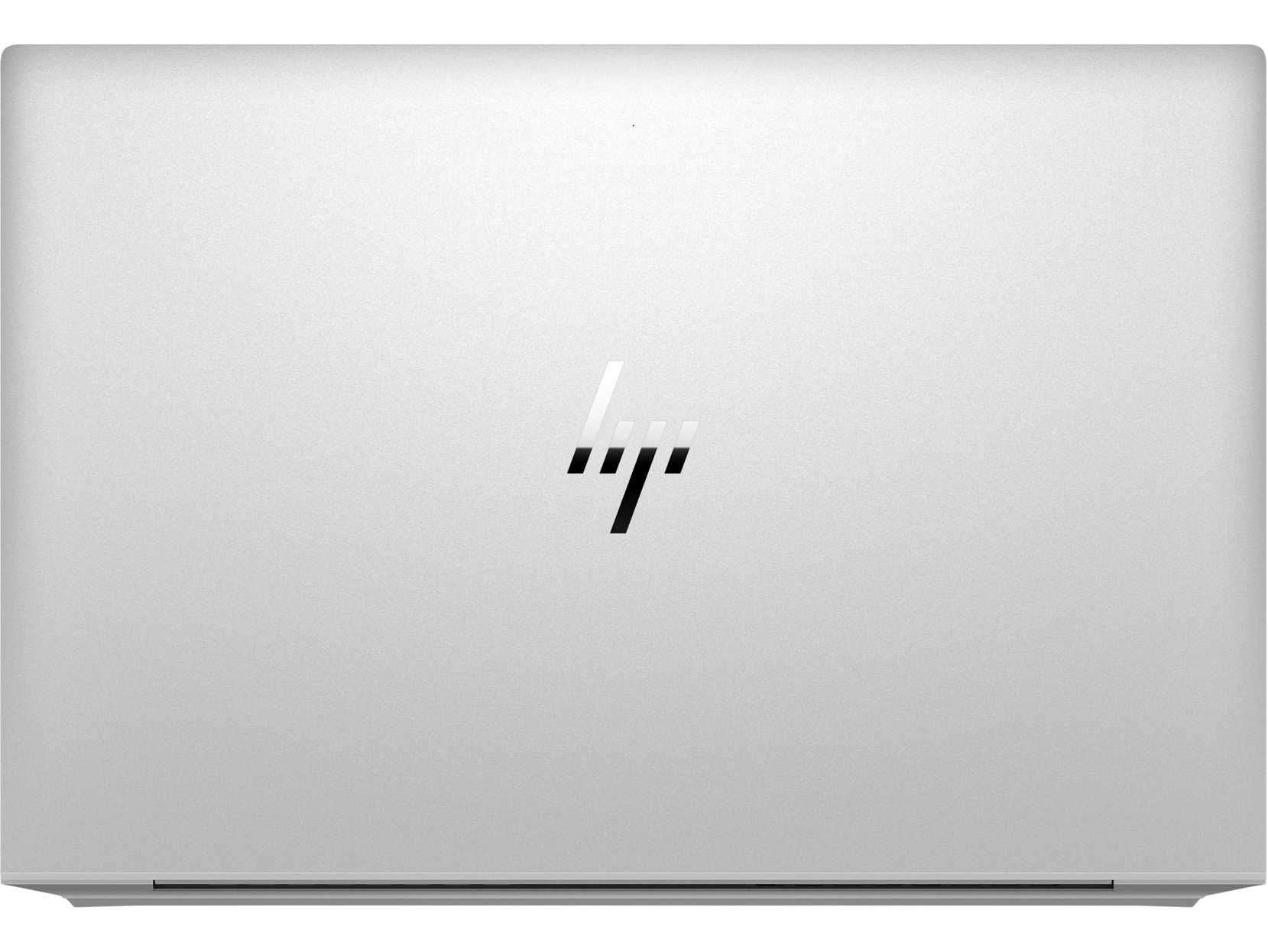 Silberner Laptopdeckel mit HP-Logo. Weißer Hintergrund.