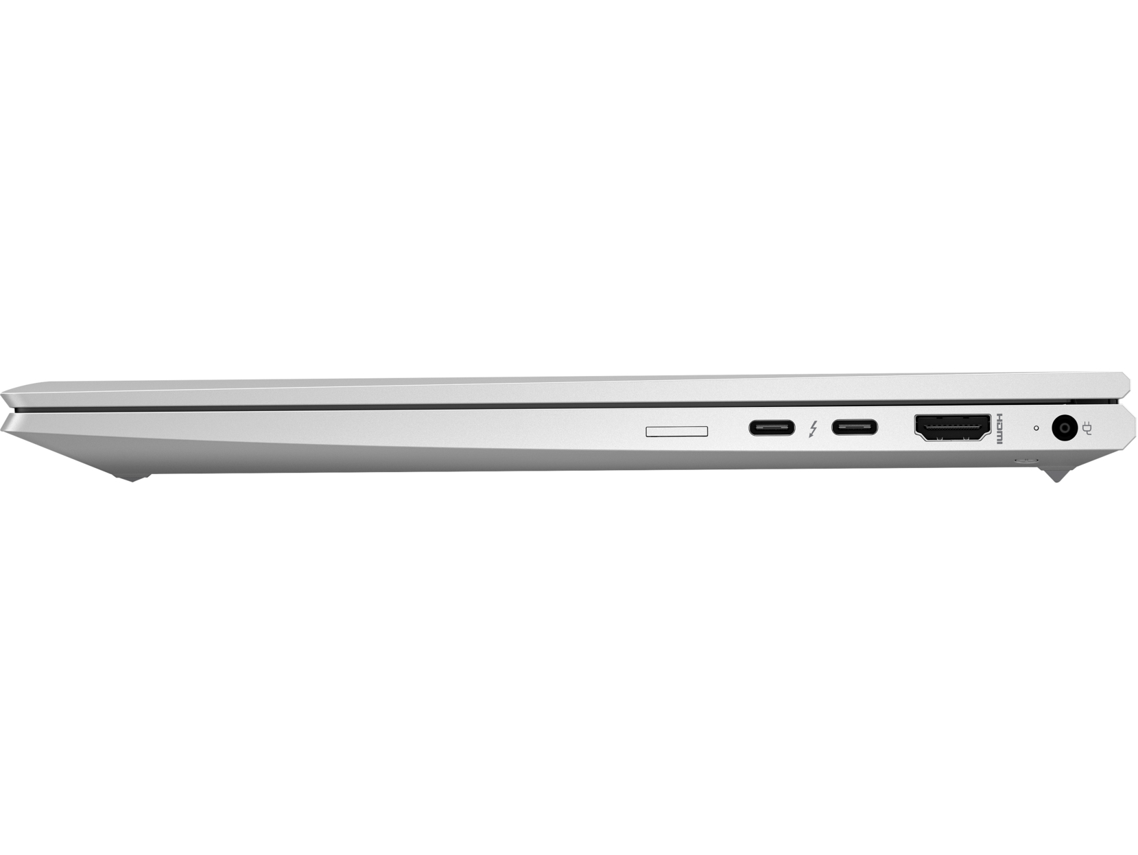 Seitenansicht eines silbernen Laptops, die Anschlüsse und ein schlankes Design zeigt.