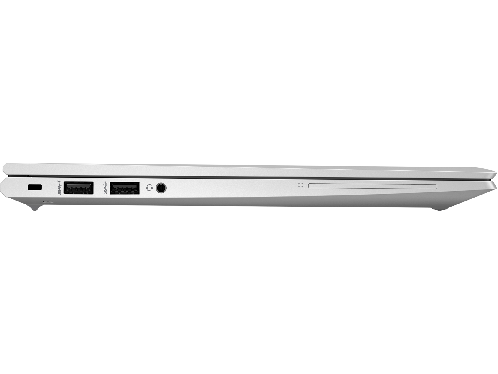 Seitenansicht eines silbernen Laptops mit Anschlüssen. Das Wort 'SC' steht an der Seite.