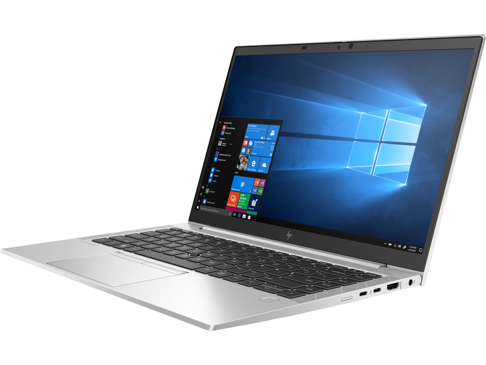 Ein silbernes Laptop mit schwarzer Tastatur. Der Windows-Desktop ist auf dem Bildschirm.