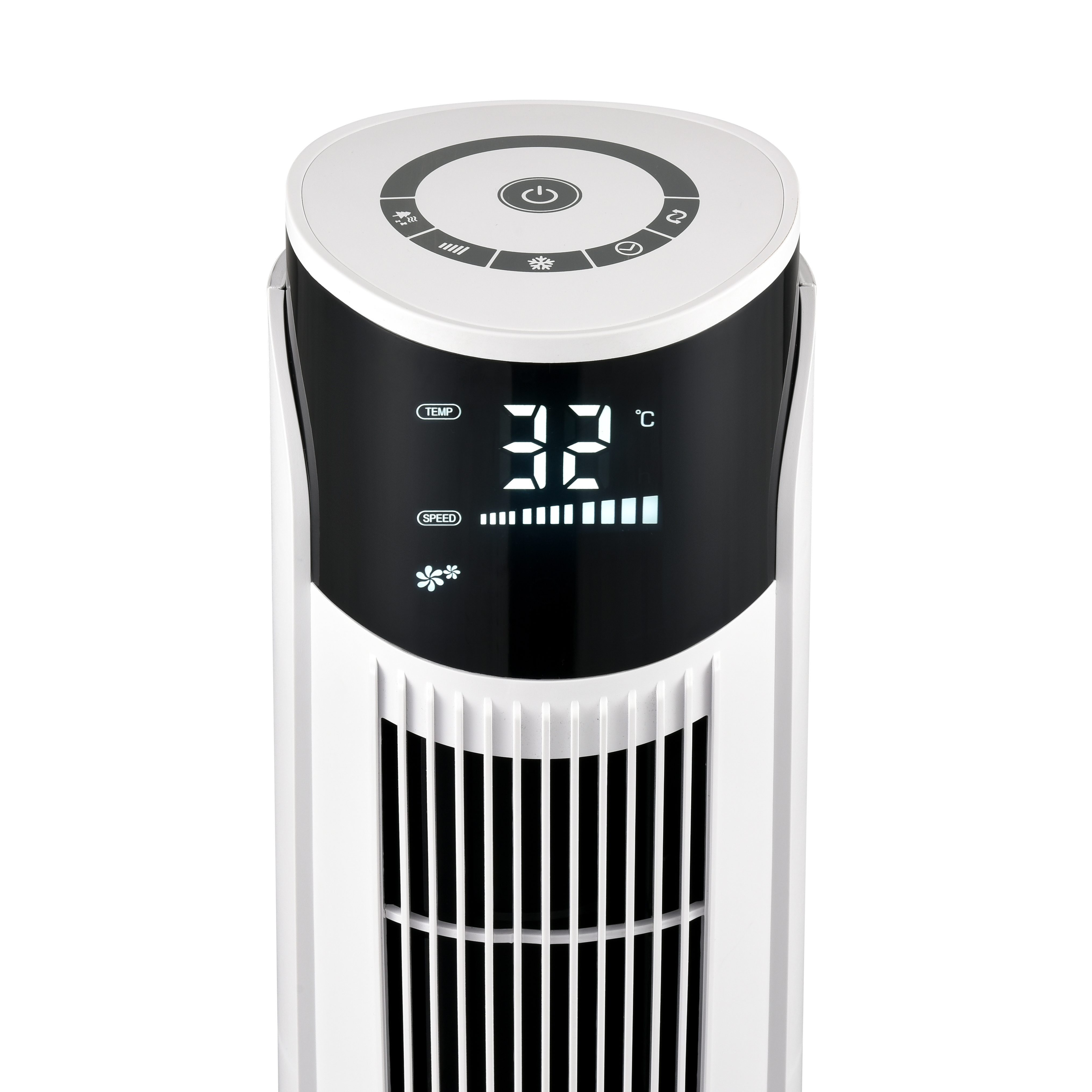 Ein weiß-schwarzer Turmventilator mit LCD-Anzeige, die die Temperatur anzeigt.