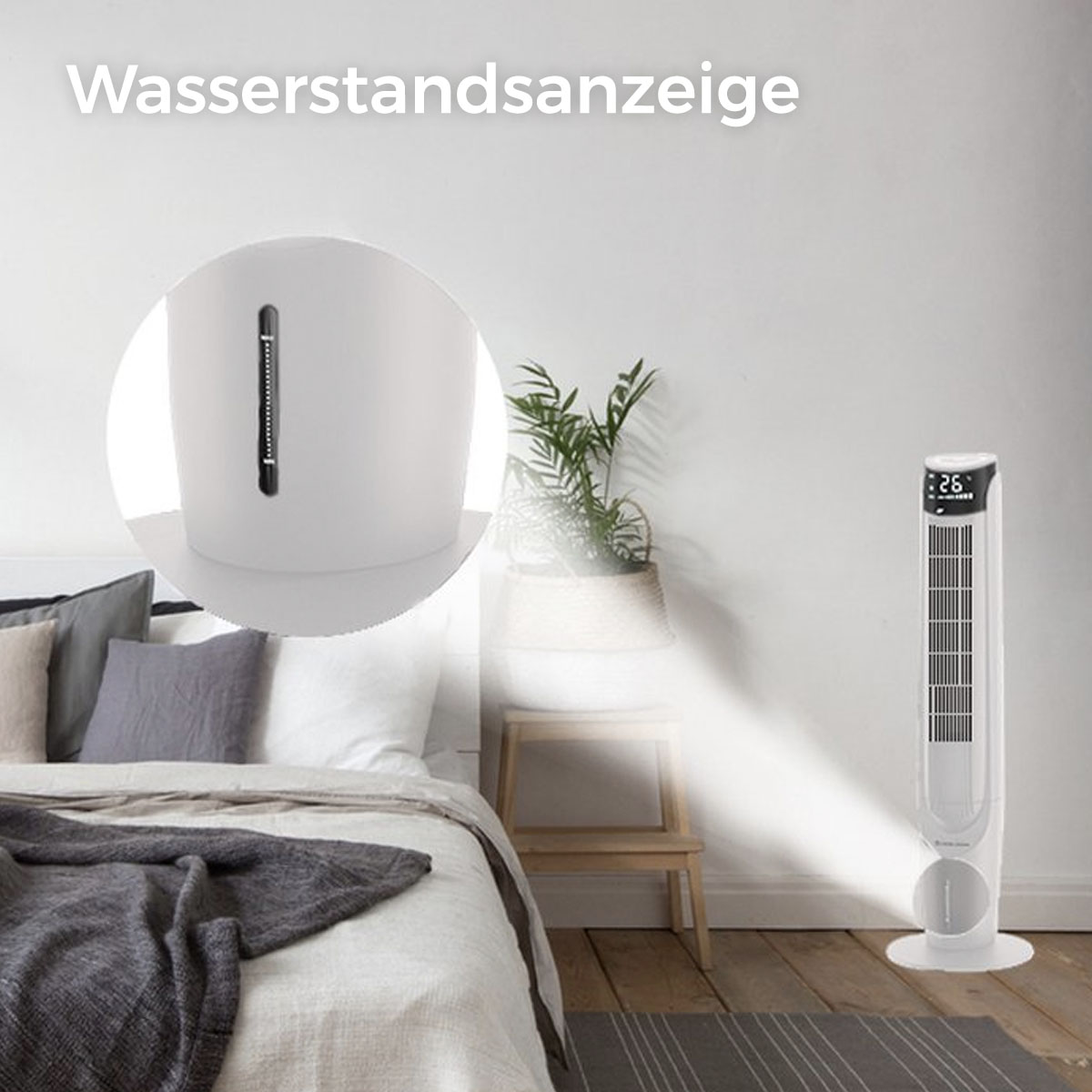Ein weißer Turmventilator in einem Raum. Es hat eine Digitalanzeige mit einer Nummer.