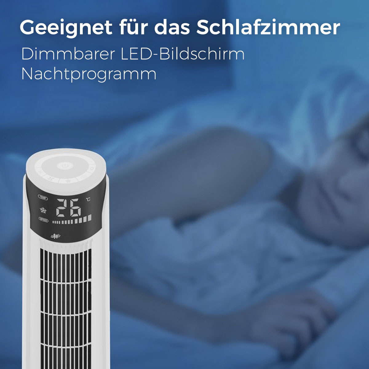 Ein weißer Luftreiniger mit Digitaldisplay neben einer schlafenden Person im Bett.