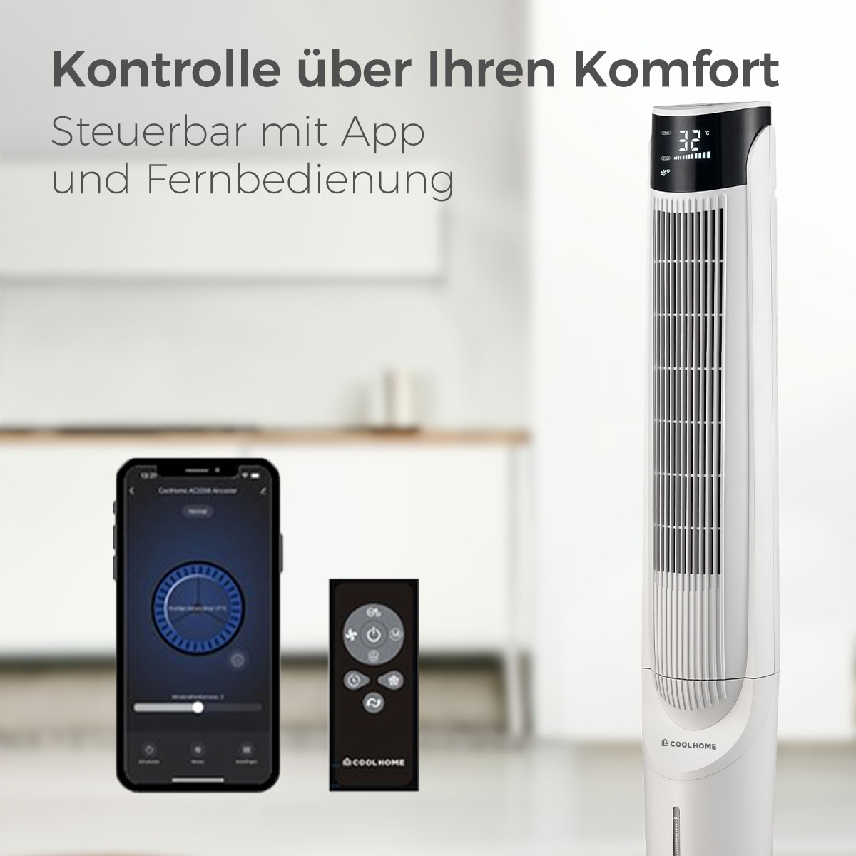 Ein weißer Turmventilator, ein Smartphone und eine Fernbedienung werden angezeigt.