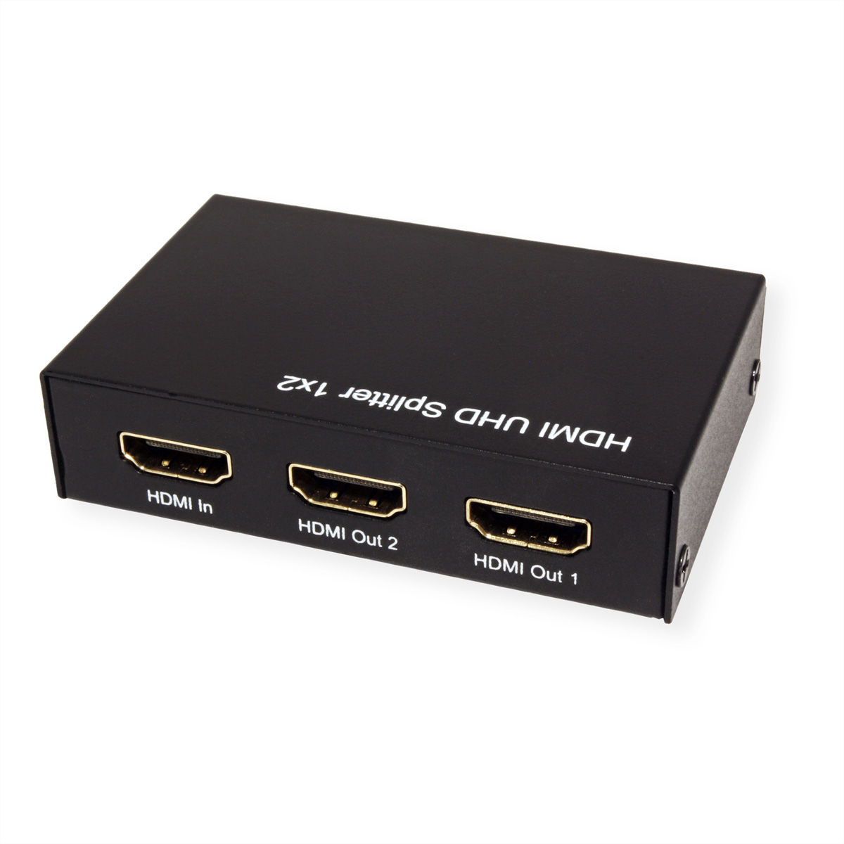 Un répartiteur HDMI UHD noir avec des ports 'HDMI In' et 'HDMI Out', isolé sur fond blanc.