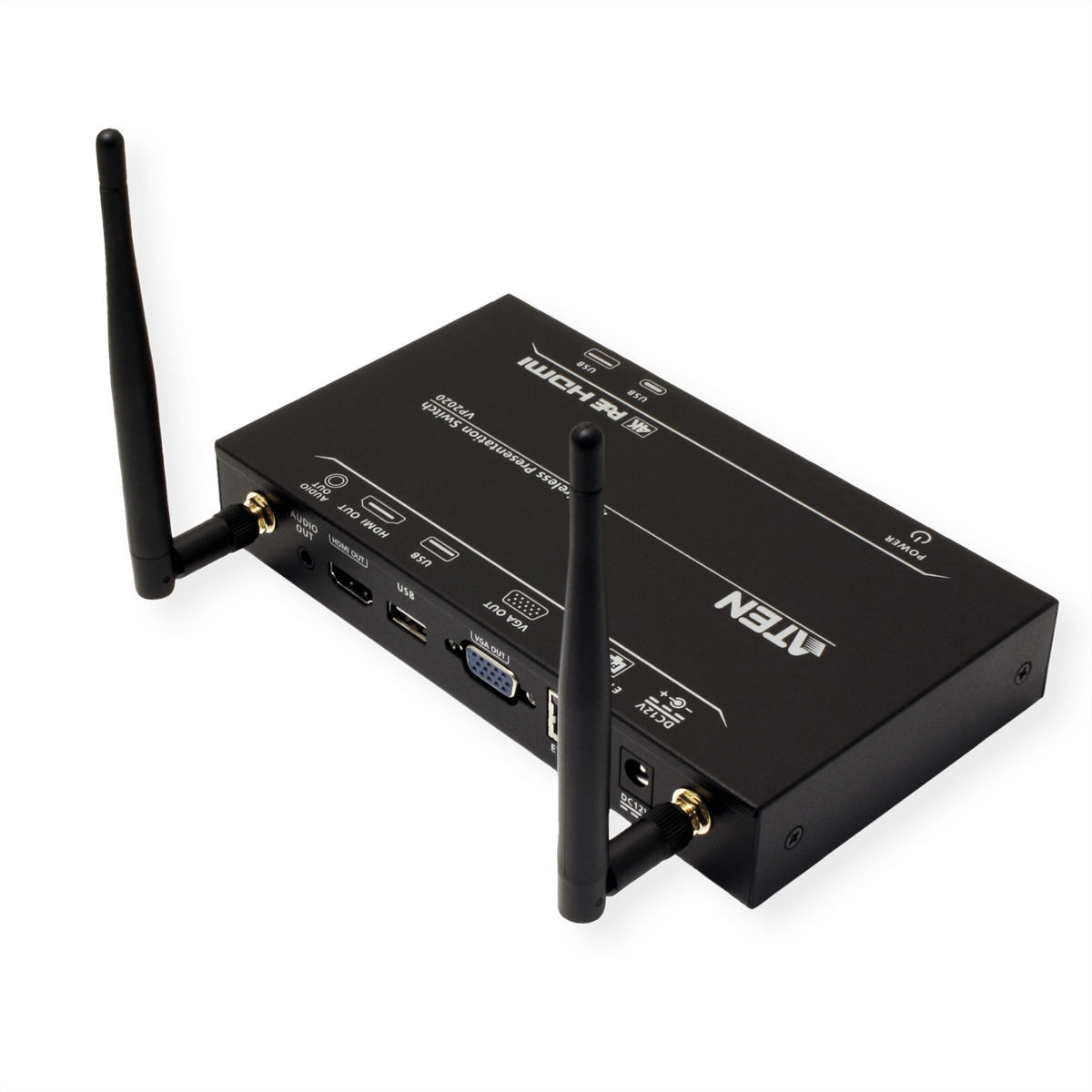 Schwarzer Präsentationsschalter mit Antennen. Hat HDMI, USB-Anschlüsse und Strom. Weißer Hintergrund.