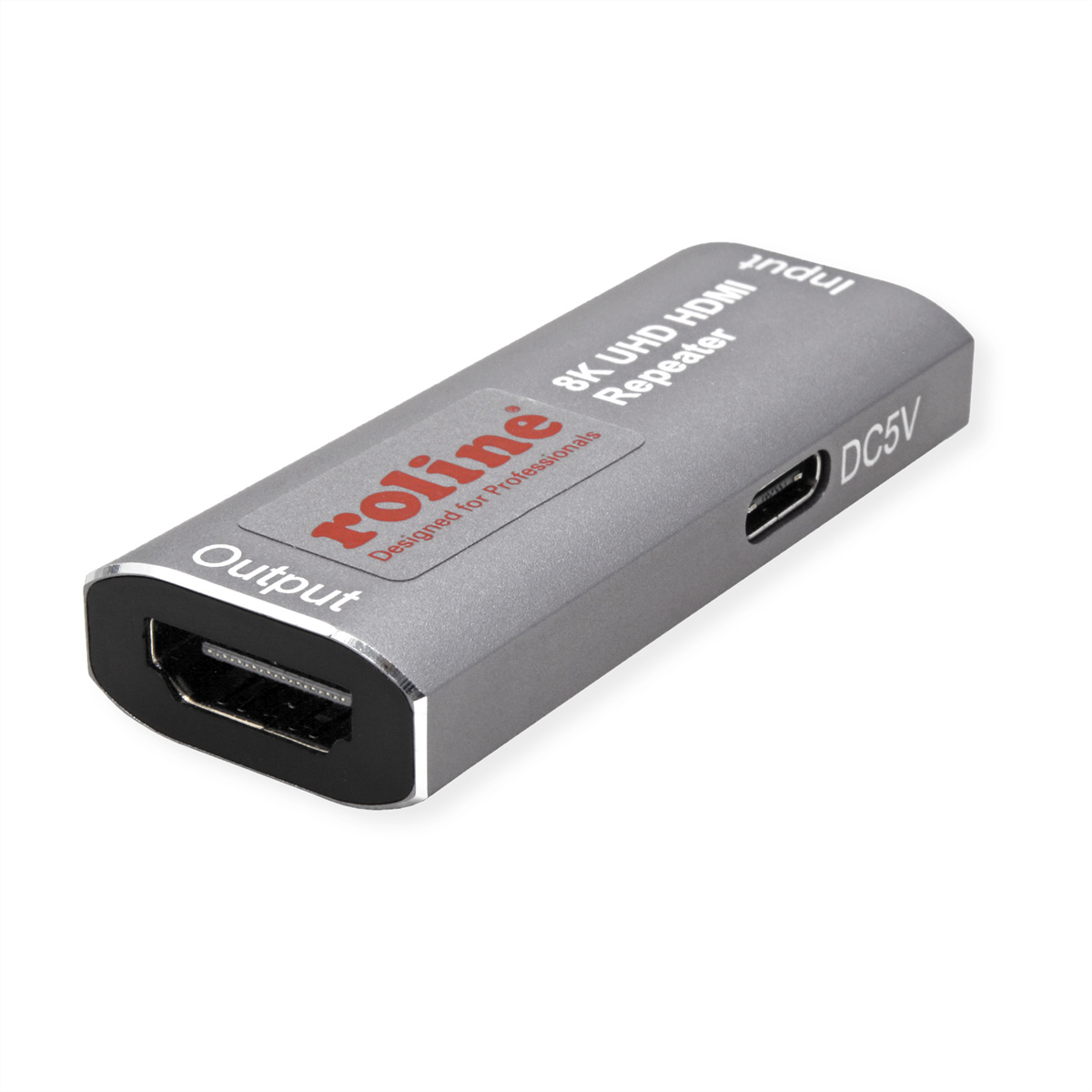 Silberner Roline 8K UHD HDMI-Repeater mit Anschlüssen und Beschriftungen.