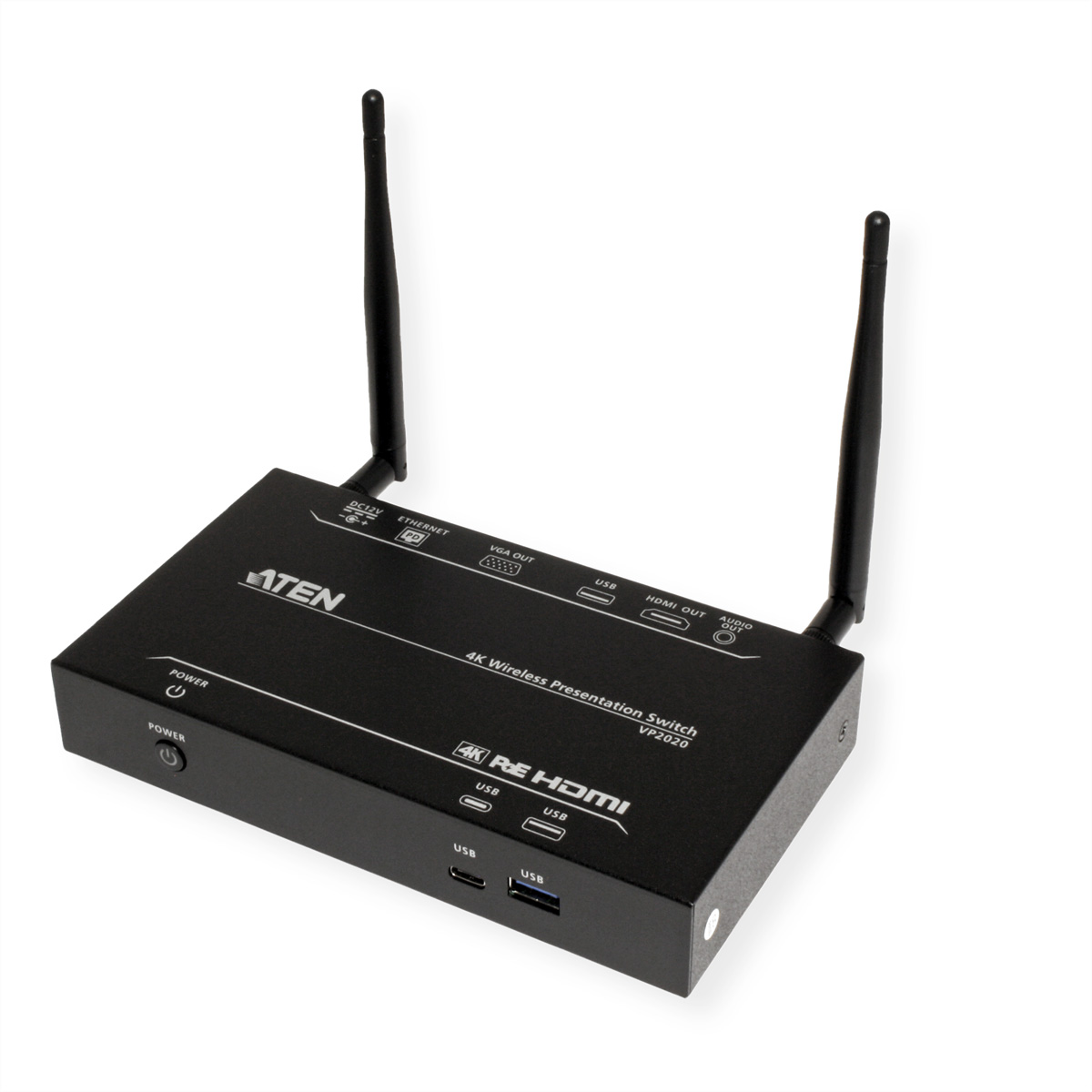 Black wireless presentation switch with two antennas. Includes various ports, USB and HDMI.