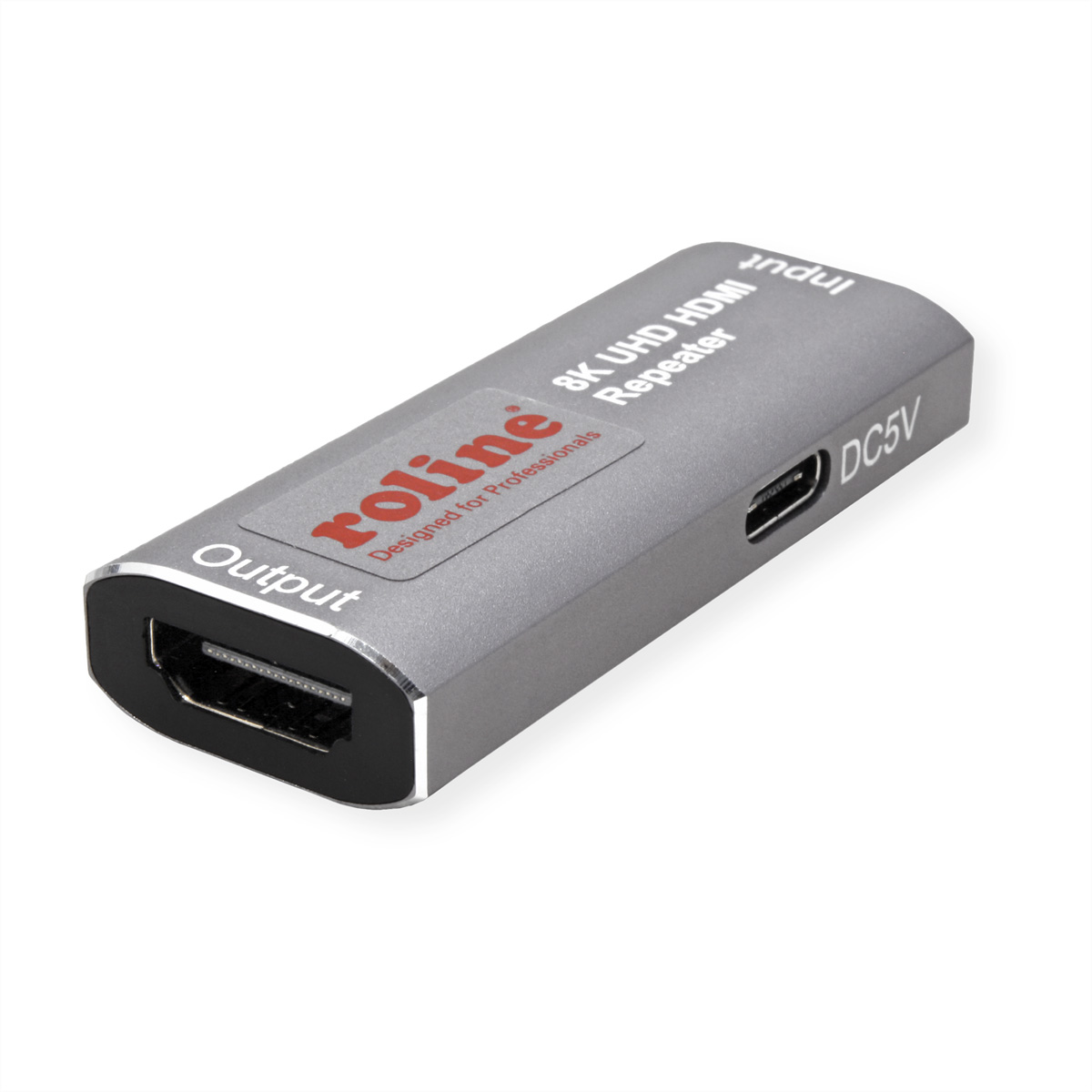 Ein silbernes 8K UHD HDMI Repeater-Gerät mit Ausgangs- und Eingangsanschlüssen sowie einem DC5V-Stromanschluss.