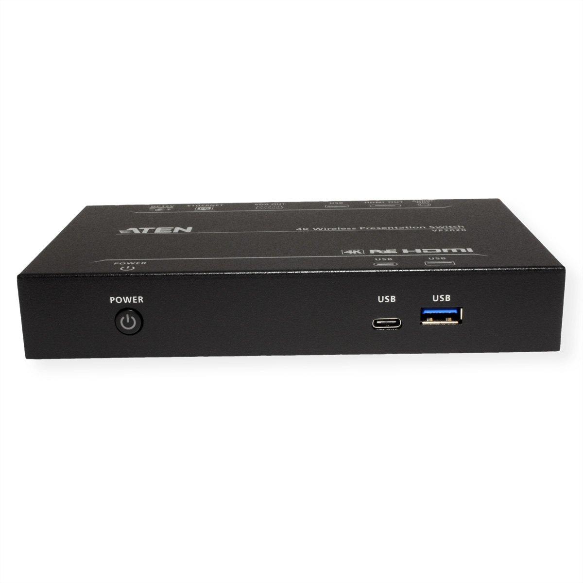 A black ATEN 4K Wireless Presentation Switch with power and USB ports, on a white surface.