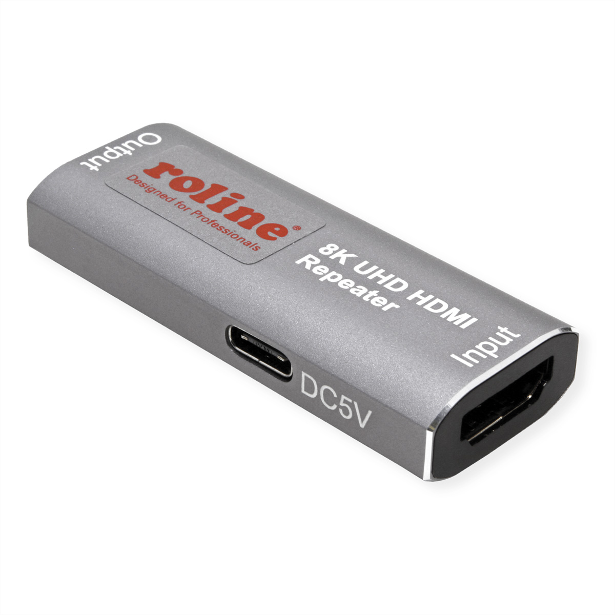 Silberner Roline 8K UHD HDMI Repeater auf weißem Hintergrund, mit Anschlüssen und Beschriftungen.