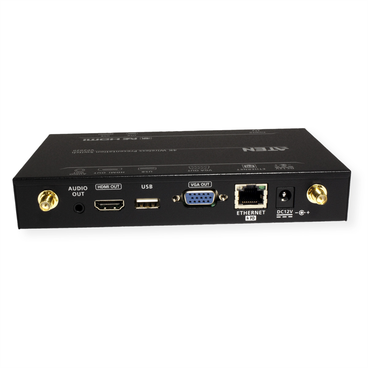 Black electronic device with ports and labels. White background.