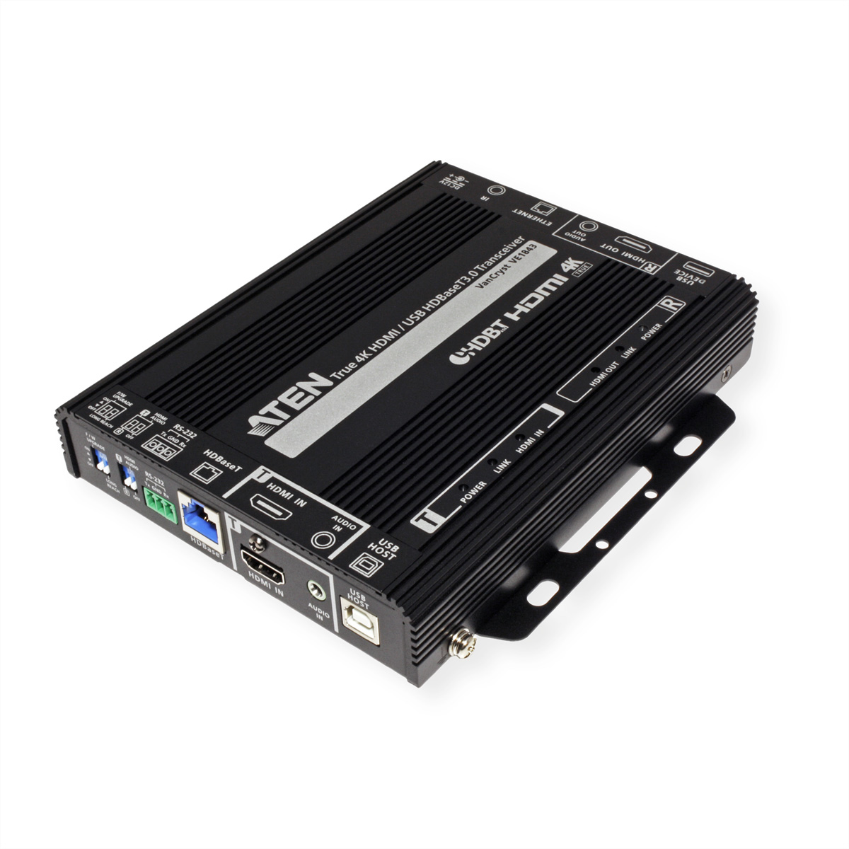 Czarna skrzynka ATEN HDMI USB HDBaseT 3.0 transceiver. Wiele portów i etykiet jest widocznych.