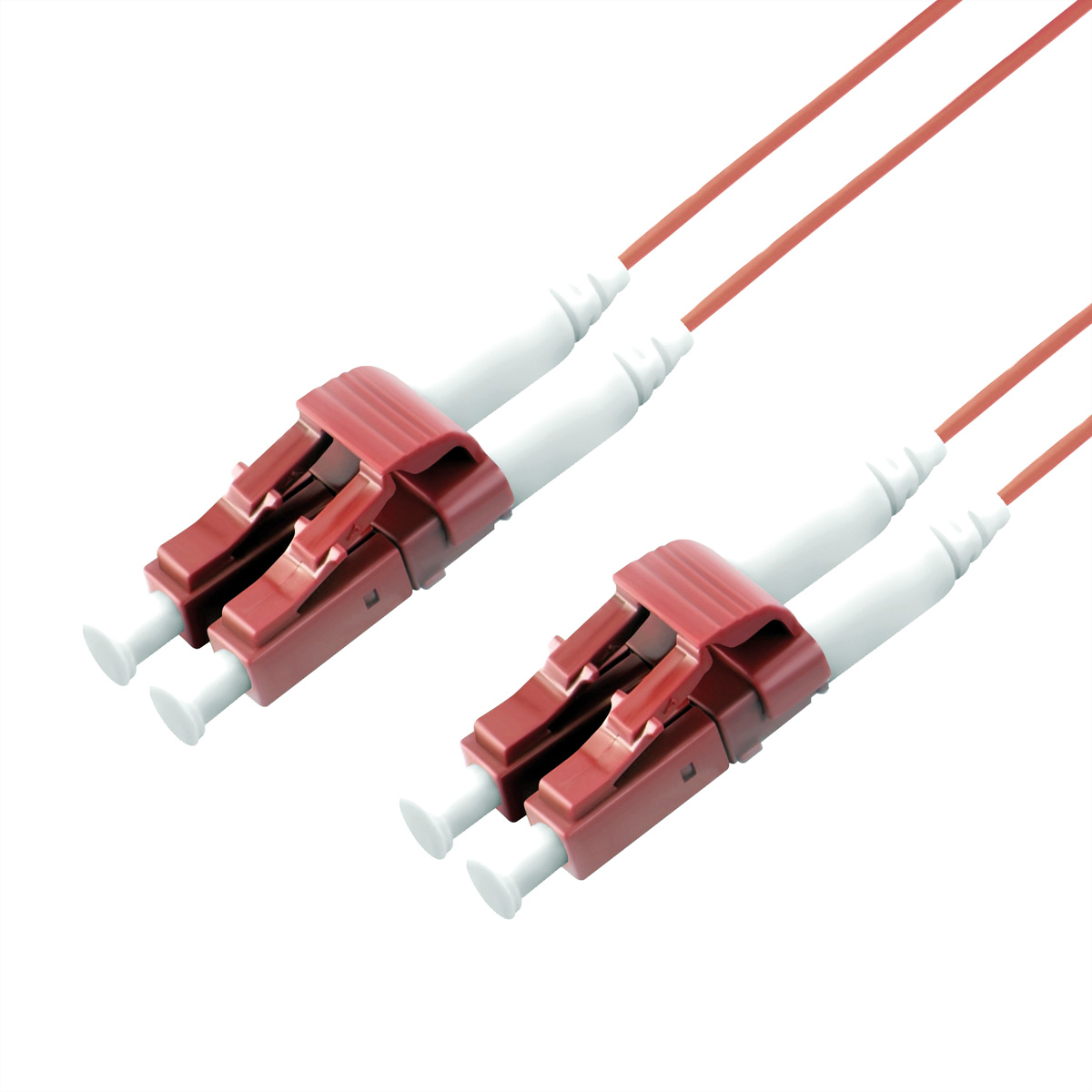 Zwei Glasfaserkabel mit Steckern. Rote und weiße Stecker mit roten Kabeln. Weißer Hintergrund.