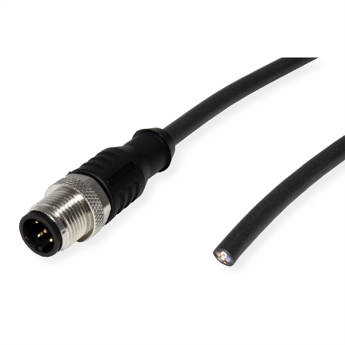 Schwarzes Kabel mit Metallstecker und freiliegenden Drähten. Weißer Hintergrund.