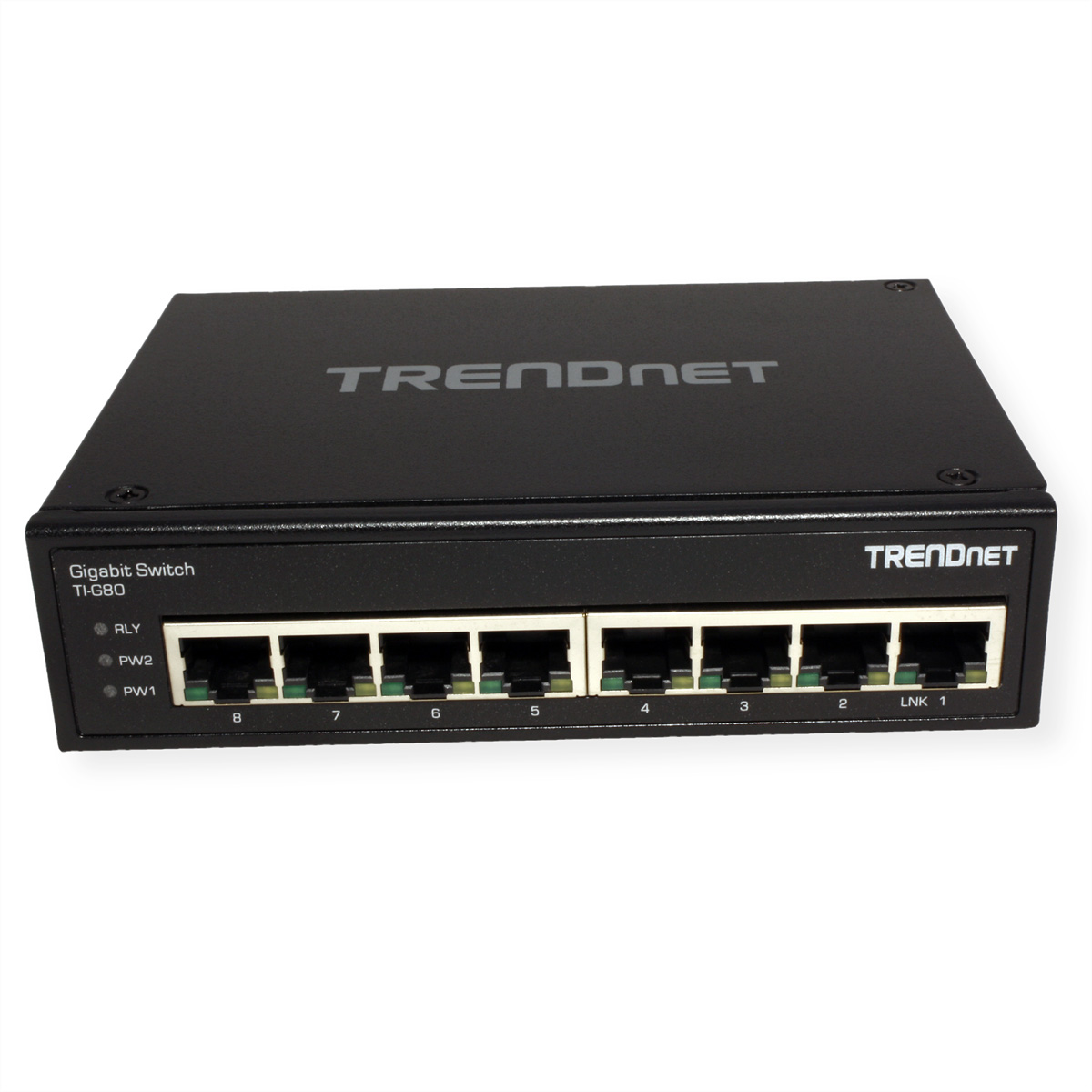Ein schwarzer TRENDnet Gigabit Switch mit vielen Anschlüssen und Branding.