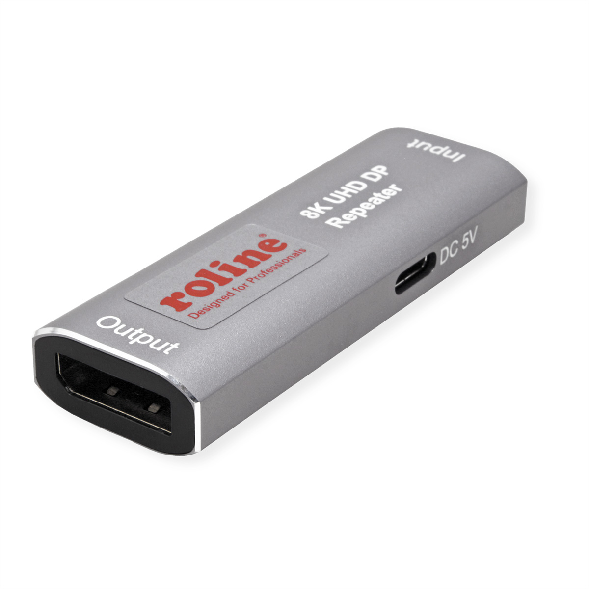 Silberner Roline 8K UHD DP Repeater. Hat Eingangs- und Ausgangsanschlüsse und DC 5V Anschluss.