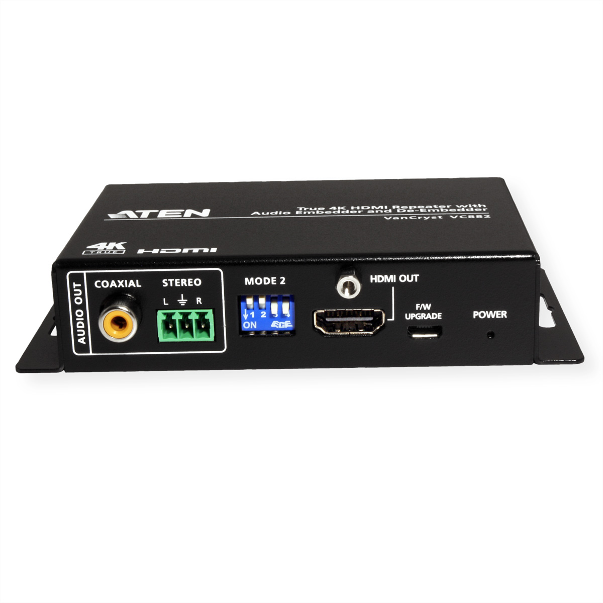 Schwarzer HDMI-Repeater mit verschiedenen Anschlüssen: Audioausgang, Stereo, HDMI-Ausgang und Strom. Modus 2 ist ebenfalls angegeben.