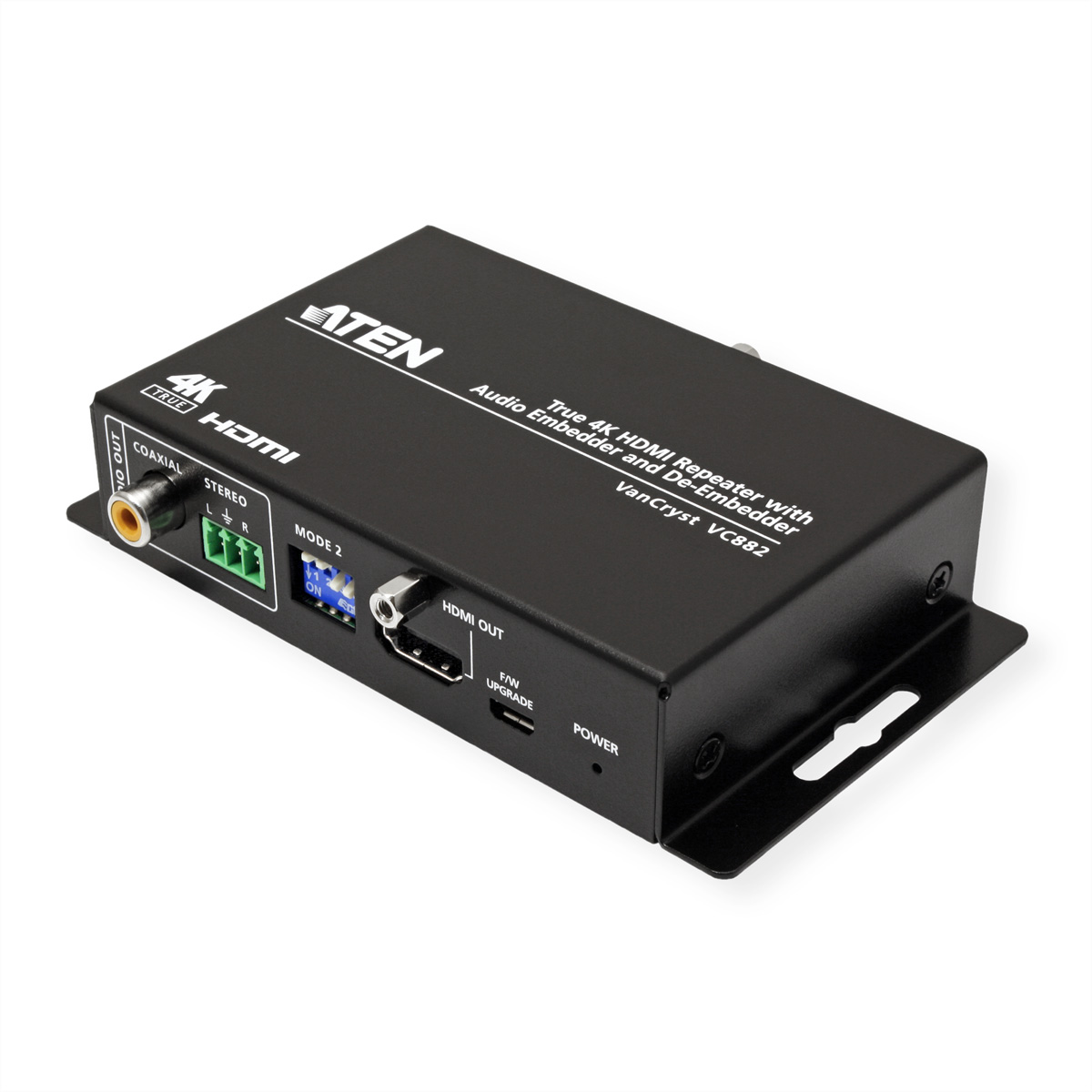 Ein schwarzes, rechteckiges elektronisches Gerät mit Anschlüssen und Etiketten, auf weißem Hintergrund.