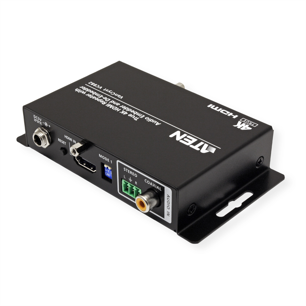 Schwarzer HDMI-Repeater mit Audio-Ein- und -Ausgängen.