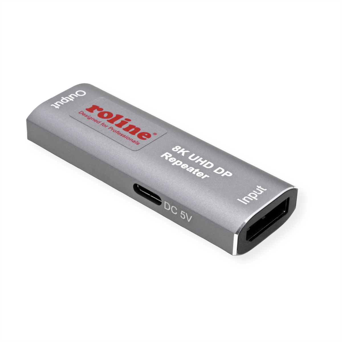 Silberner Roline 8K UHD DP Repeater. Eingangs- und Ausgangsanschlüsse sind beschriftet.